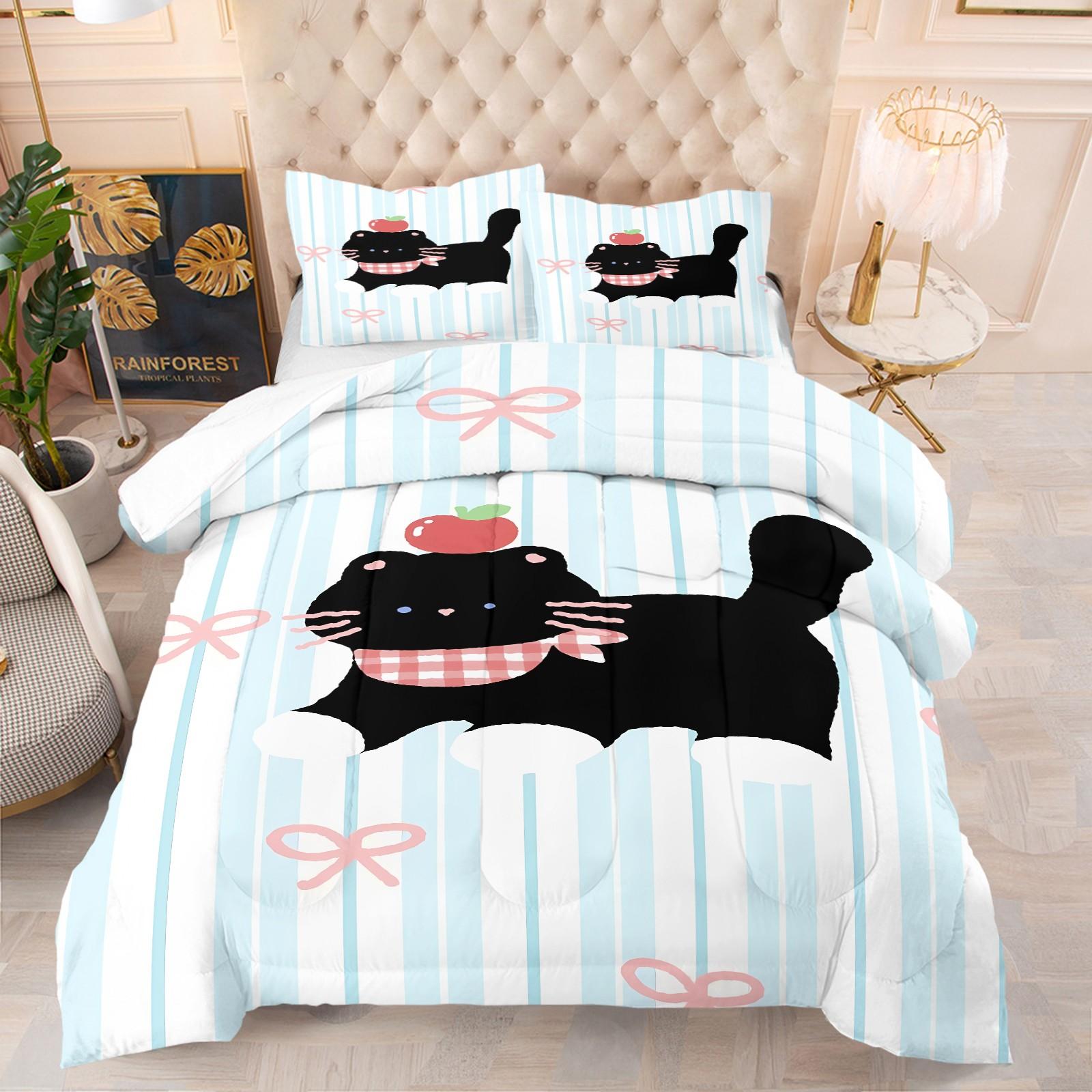 Happy Healing Cat Series Pattern Quilt, Includes 1 Quilt and 1/2 Pillowcases, Soft Comfortable Home Bedding, Perfect for Dorm or Bedroom Decor