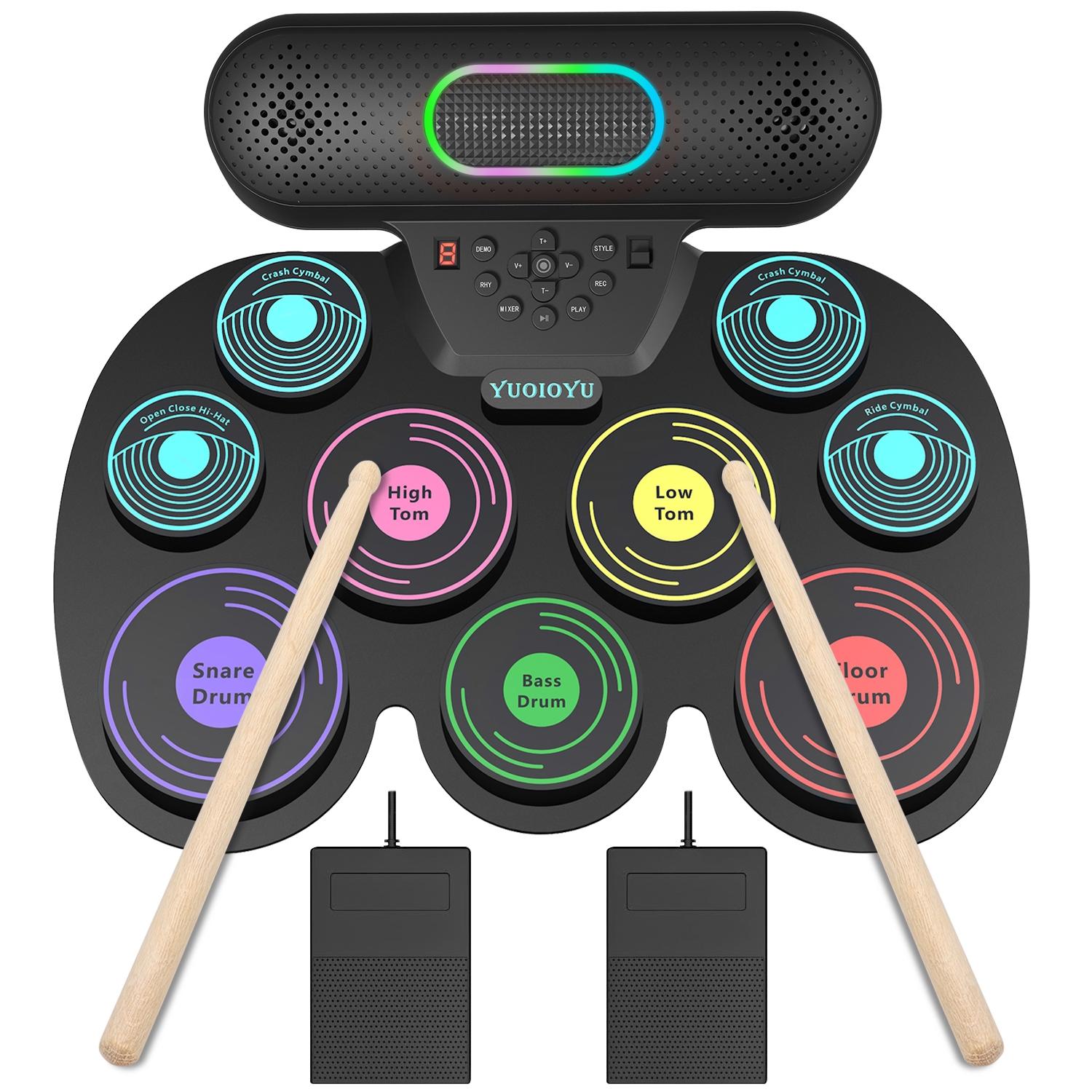 9-key electronic drum set, including drumsticks, speaker, foldable practice pad, dual pedals, portable design, suitable for adults and beginners