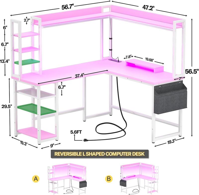 L Shaped Gaming Desk with Power Outlets & LED Lights, Small L- Shaped Desk Computer Corner Desk with Monitor Stand & Storage Shelf,