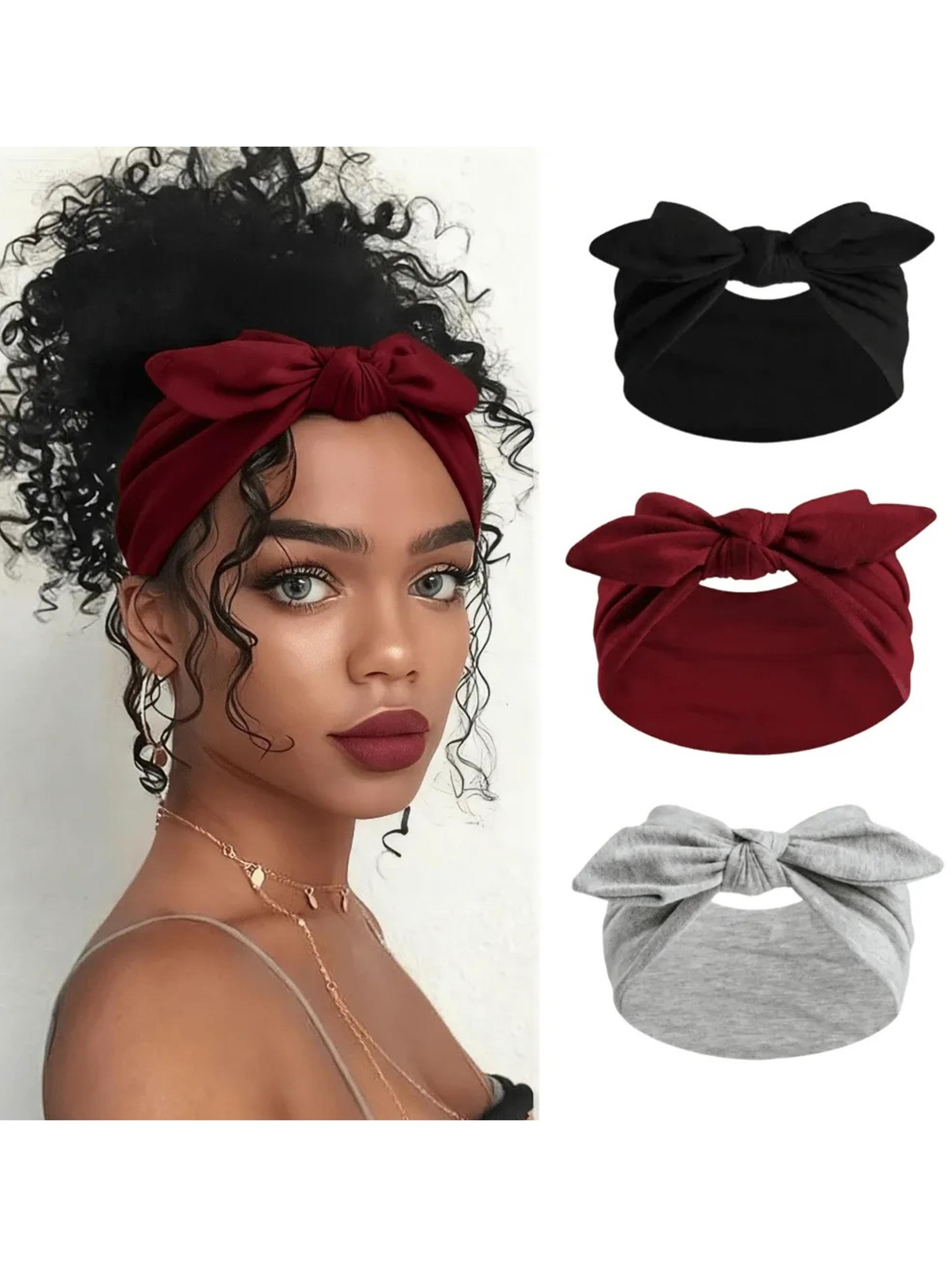 Women's Wide Bowknot Headband Set, Ribbed Elastic Turban Wraps in Solid Colors, Non-Slip Fashion Accessory for Yoga & Workout, Black Headband, Stretchy Headbands