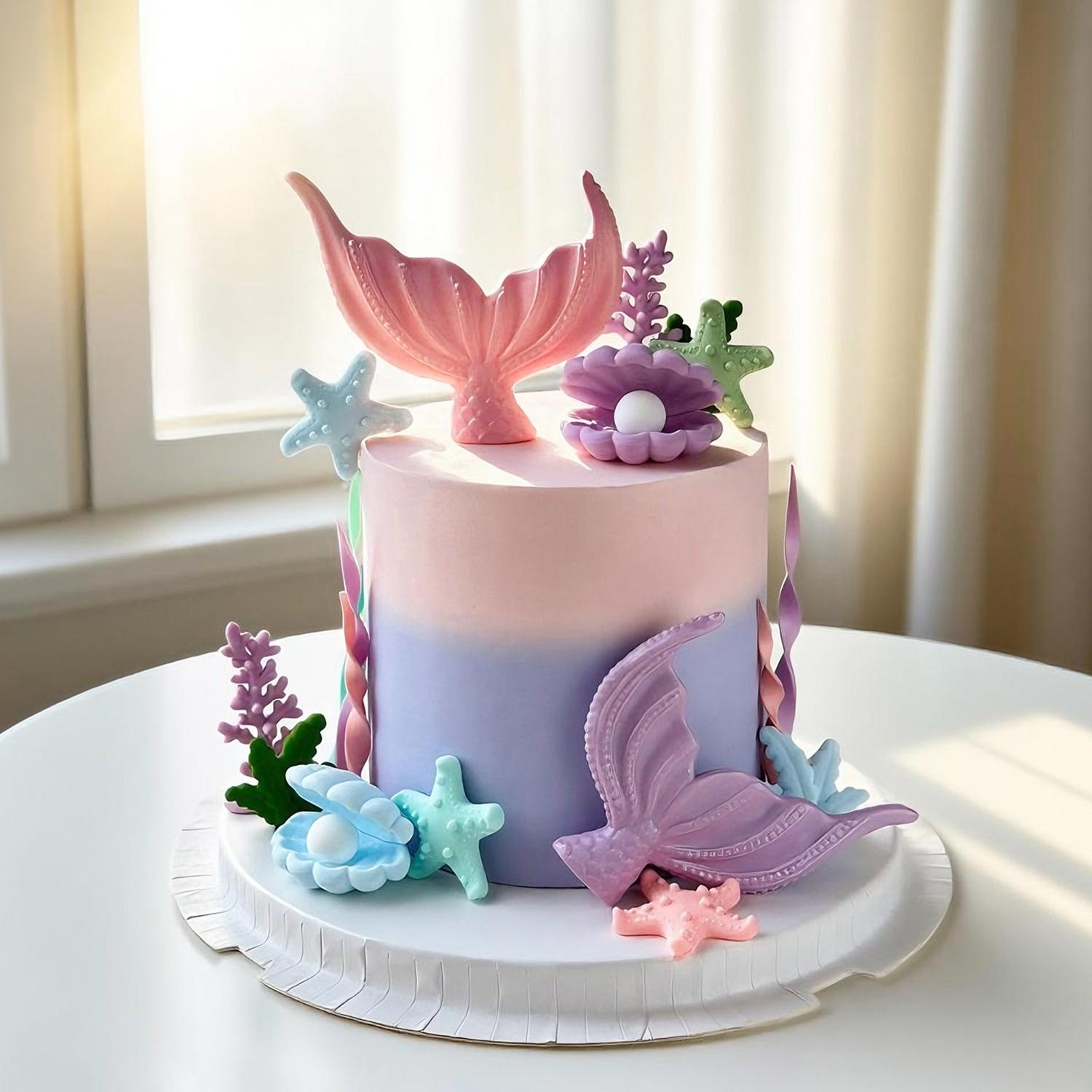 Mermaid Tail Ocean Cake Decoration Set, Trendy Underwater World Cake Toppers, Ocean Theme Kids Birthday Baking Decorations, Complete Kit