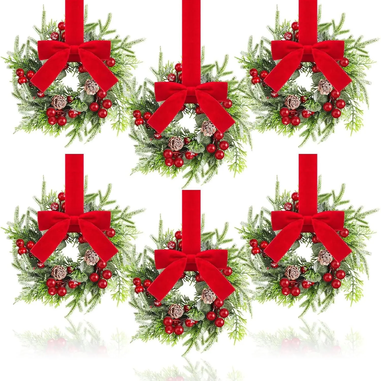 6 Pcs Mini Christmas Kitchen Cabinet Wreath, Pine Berries Snowy
