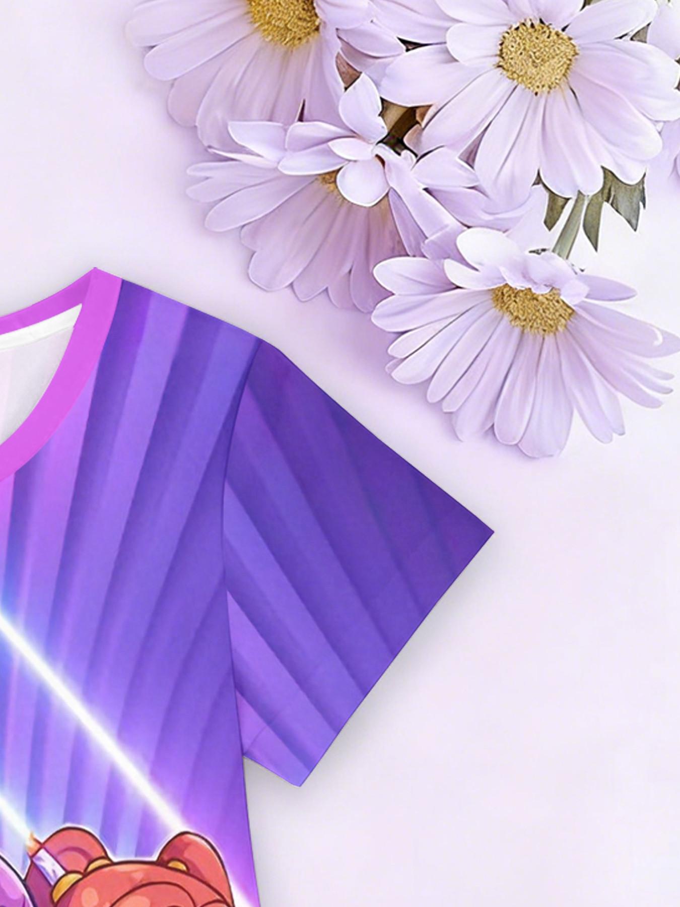 Girls' 3D Short Sleeve Dress, K-Pop Demon Hunters Full Print Summer Dress, Perfect for Parties, Festivals, Gifts, Birthday Presents