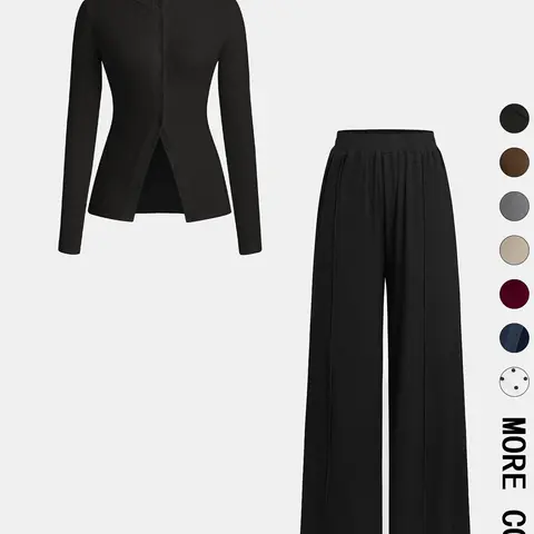 Women's Solid Color Button Front Long Sleeve Top & Wide Leg Pants, Casual Two-piece Set for Daily Wear, Ladies Clothes for All Seasons
