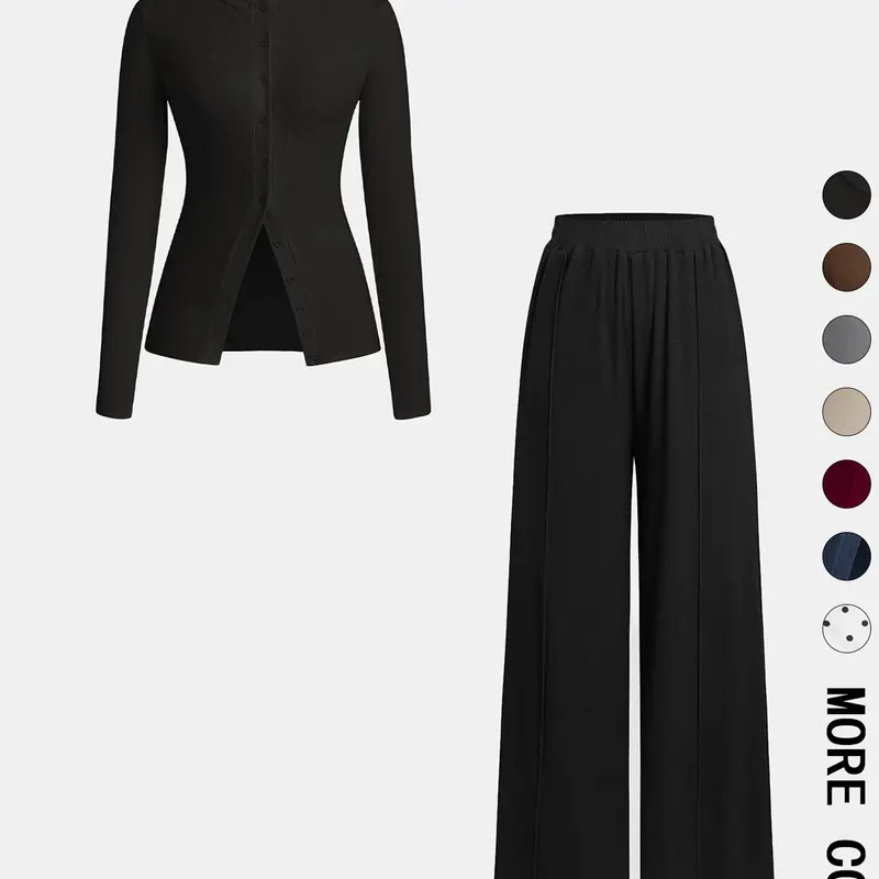 Women's Solid Color Button Front Long Sleeve Top & Wide Leg Pants, Casual Two-piece Set for Daily Wear, Ladies Clothes for All Seasons