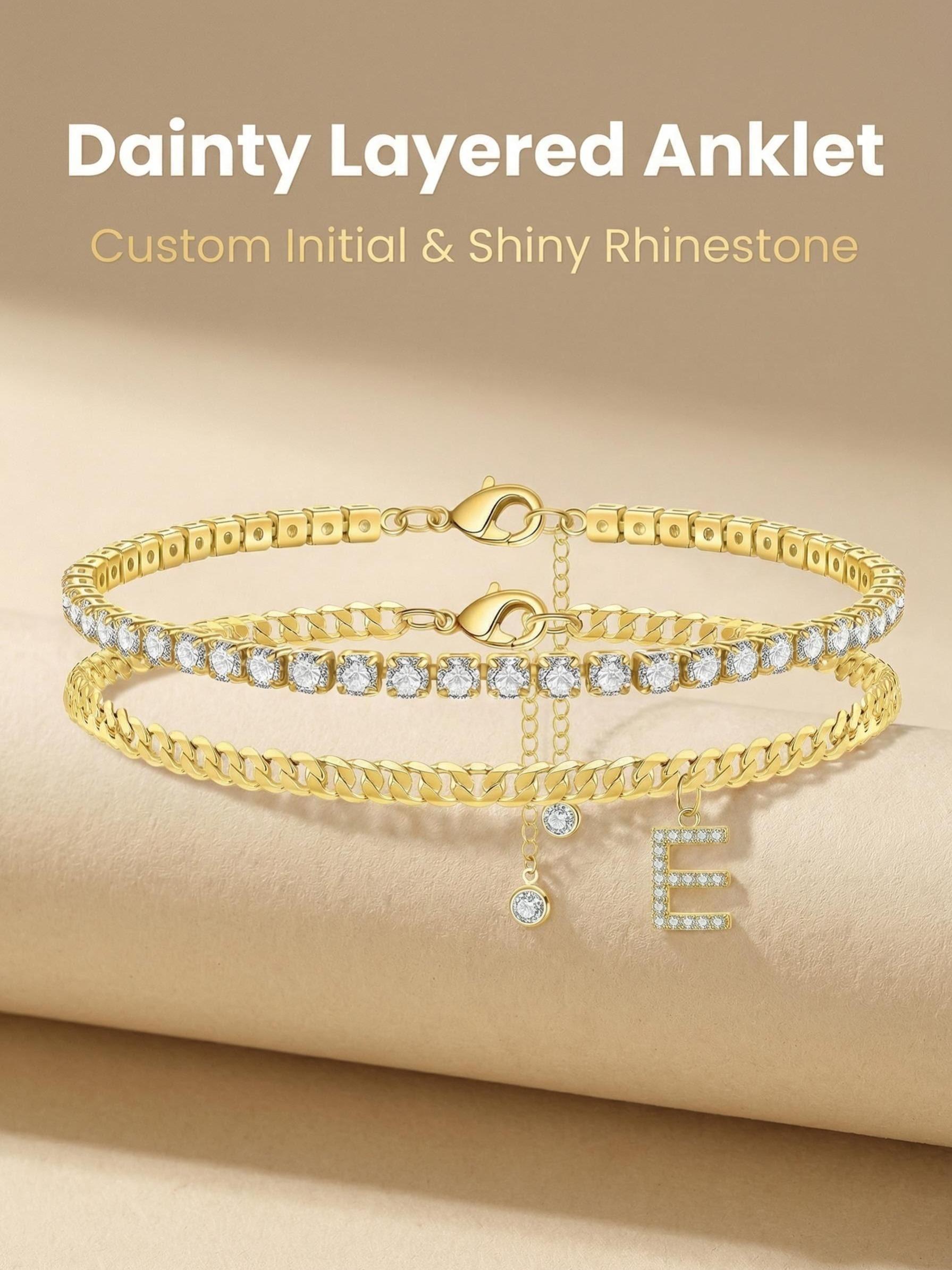 2-Piece Initial Letter Ankle Bracelet Set, Boho Style, Adjustable, Hypoallergenic, Waterproof, Fashionable Jewelry for Girls