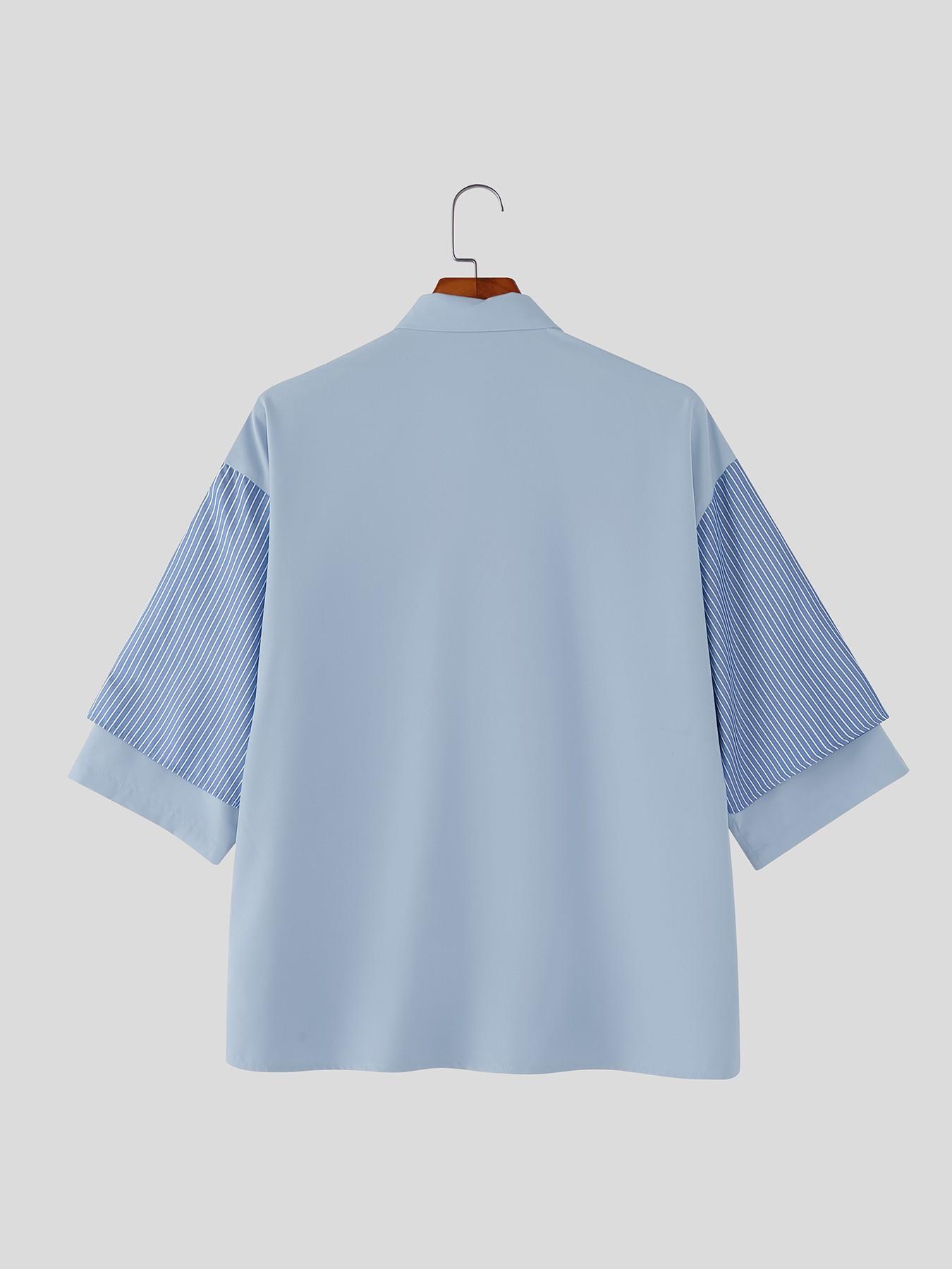 INCERUN Men's Patchwork Colorblock Striped Tie Short Sleeve Shirt, Perfect for Daily Wear, Stylish and Comfortable, Ideal for Casual