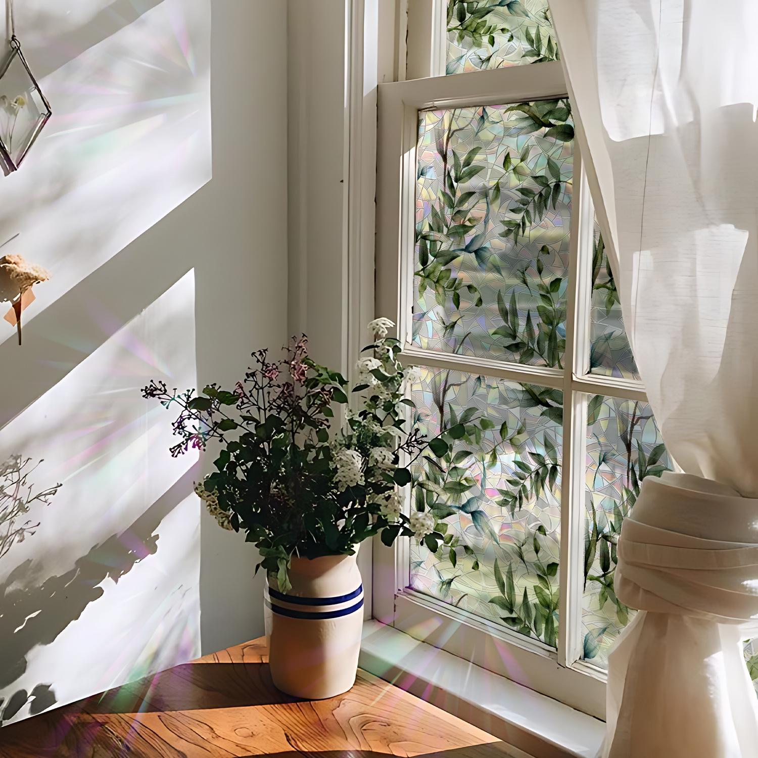 Leaf Laser Window Sticker, Spring Summer Fresh Style Decorative Static Window Sticker, Glue-Free Electrostatic Glass Decoration Film