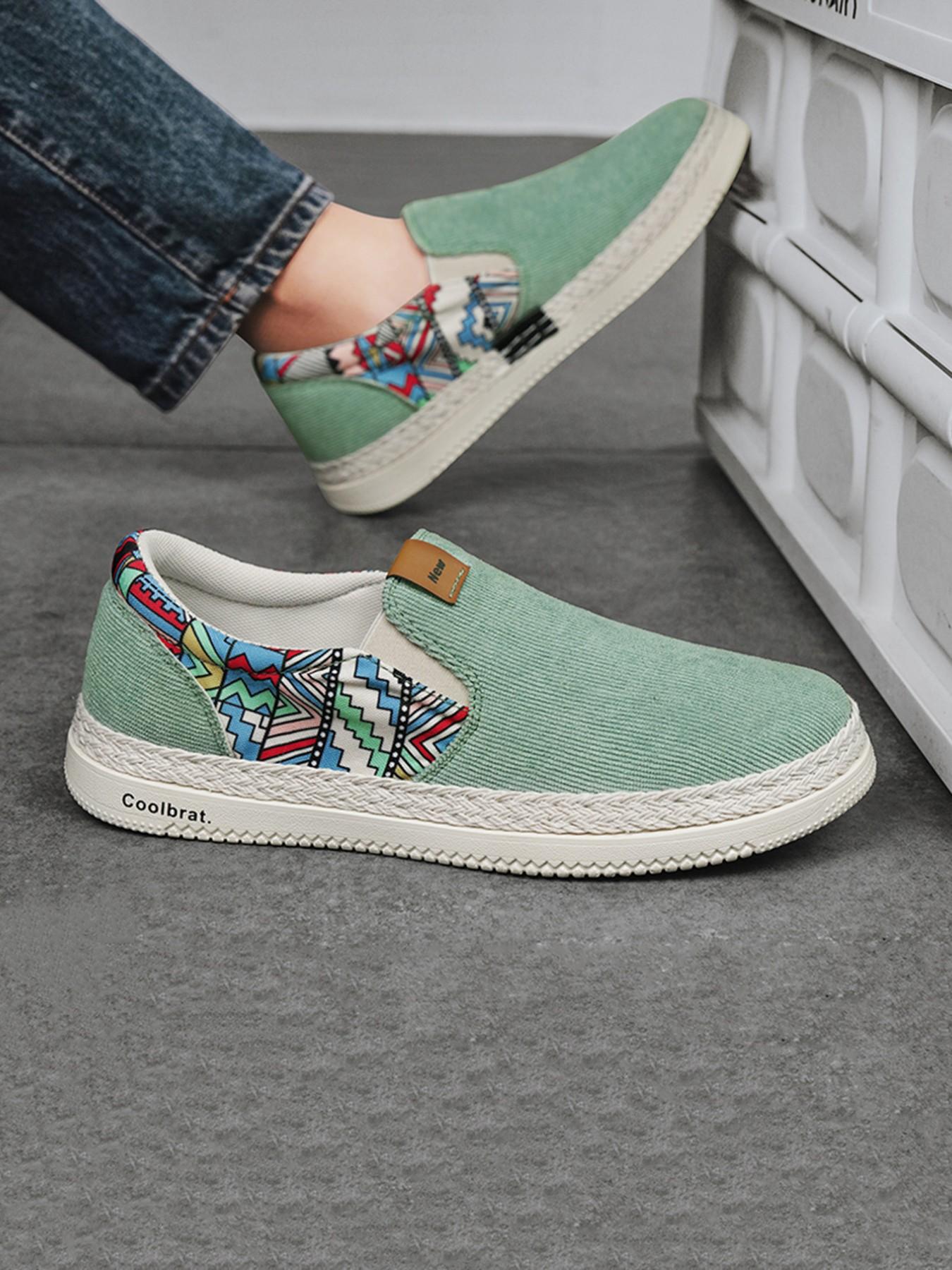 Men's Mint Ethnic Style Slip-On Canvas Shoes, Breathable Comfortable Loafers, Summer Footwear, Sizes 39-44