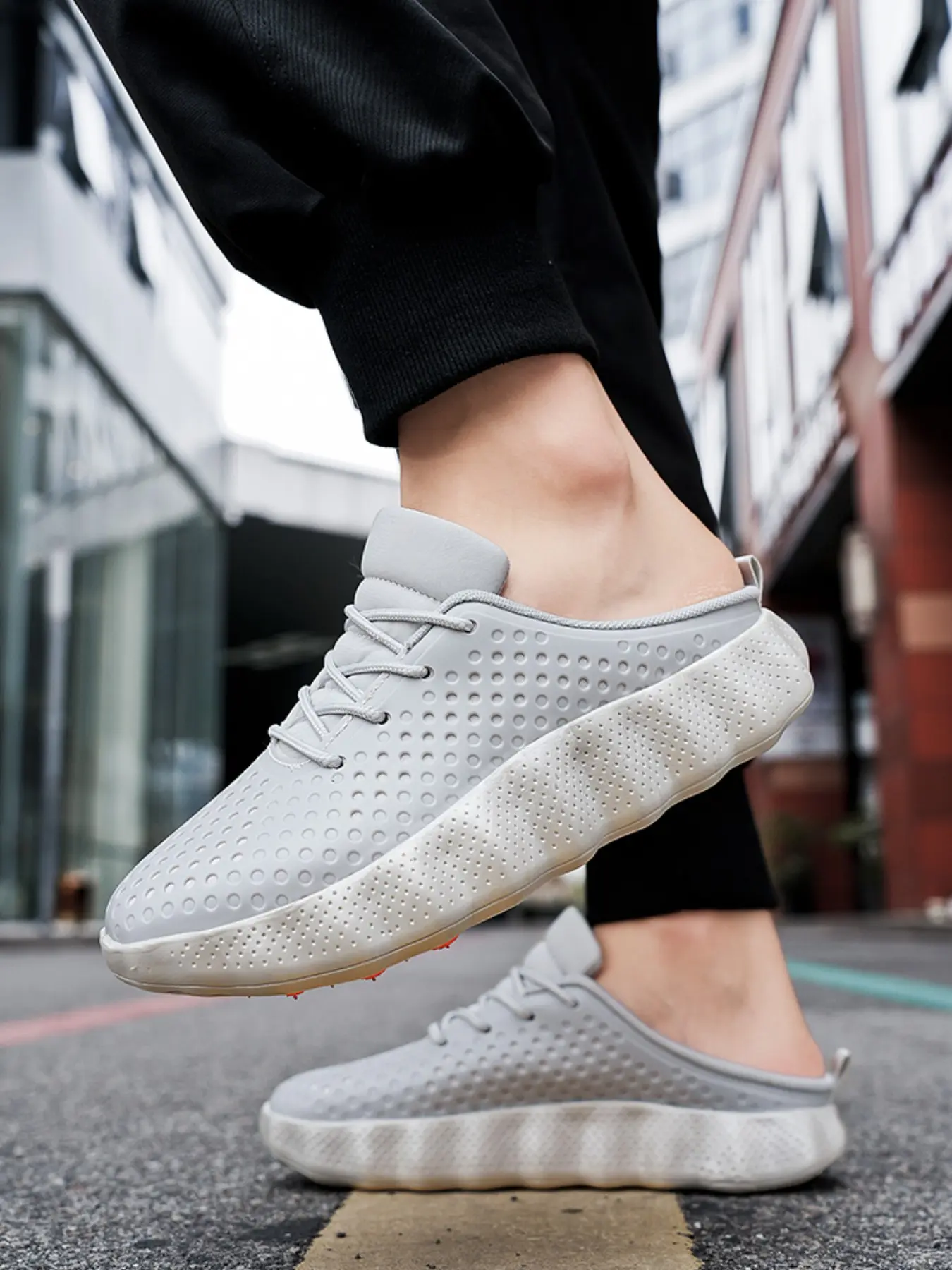 Men breathable mesh closed toe slide sneakers, perforated upper, layered wave arch support sole, functional slides for commute driving walking
