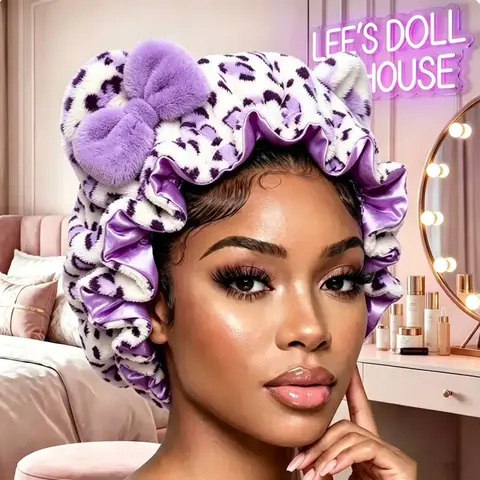 Women's Premium Plush Leopard Satin Bonnet for Sleeping – Double Layer Curly Hair Nightcap with Comfort-Fit Elastic Band & Animal Ears, Haircare, Beauty Products, Hydrating, Gifts For Adulting Women, Hair Cap For Sleep, Heatless Curls