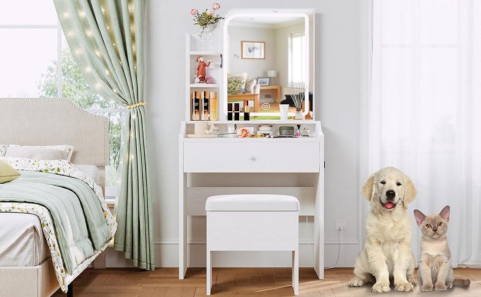 LIKIMIO Small Makeup Vanity Desk with Mirror and Lights, Vanity Table Set with Storage Drawer, Chair and Three Shelves, Bedroom