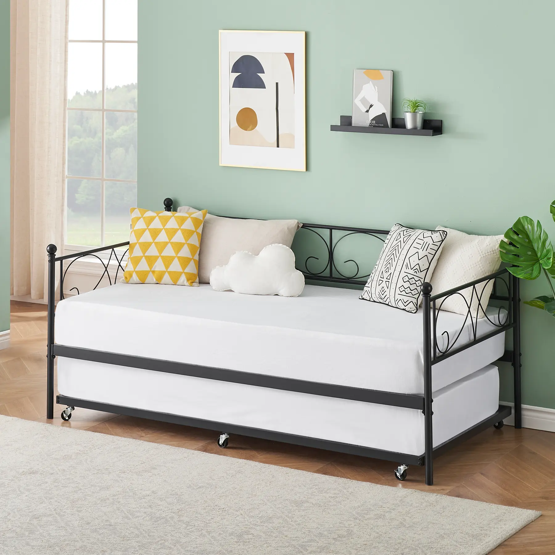 【IdealHouse】Heavy‑Duty Metal Twin Daybed Frame with Pop‑Up Trundle Bed, Sturdy Steel Slat Support, Decorative Headboard, No Box Spring Required, Space Saving Guest Bed for Bedroom and Guest Room