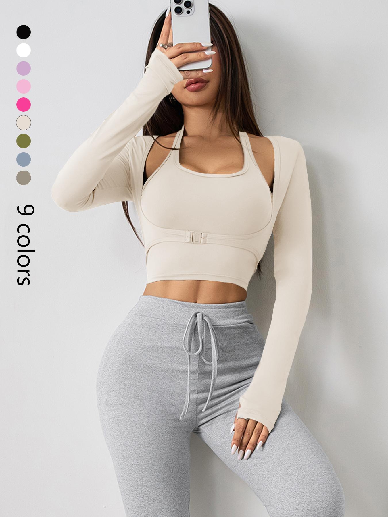 Women's Solid Color Long Sleeve Thumb Hole Design Halter Neck 2 in 1 Sports Tee Gym Yoga Tops for Yoga Gym Workout, Ladies Sportswear for All Seasons