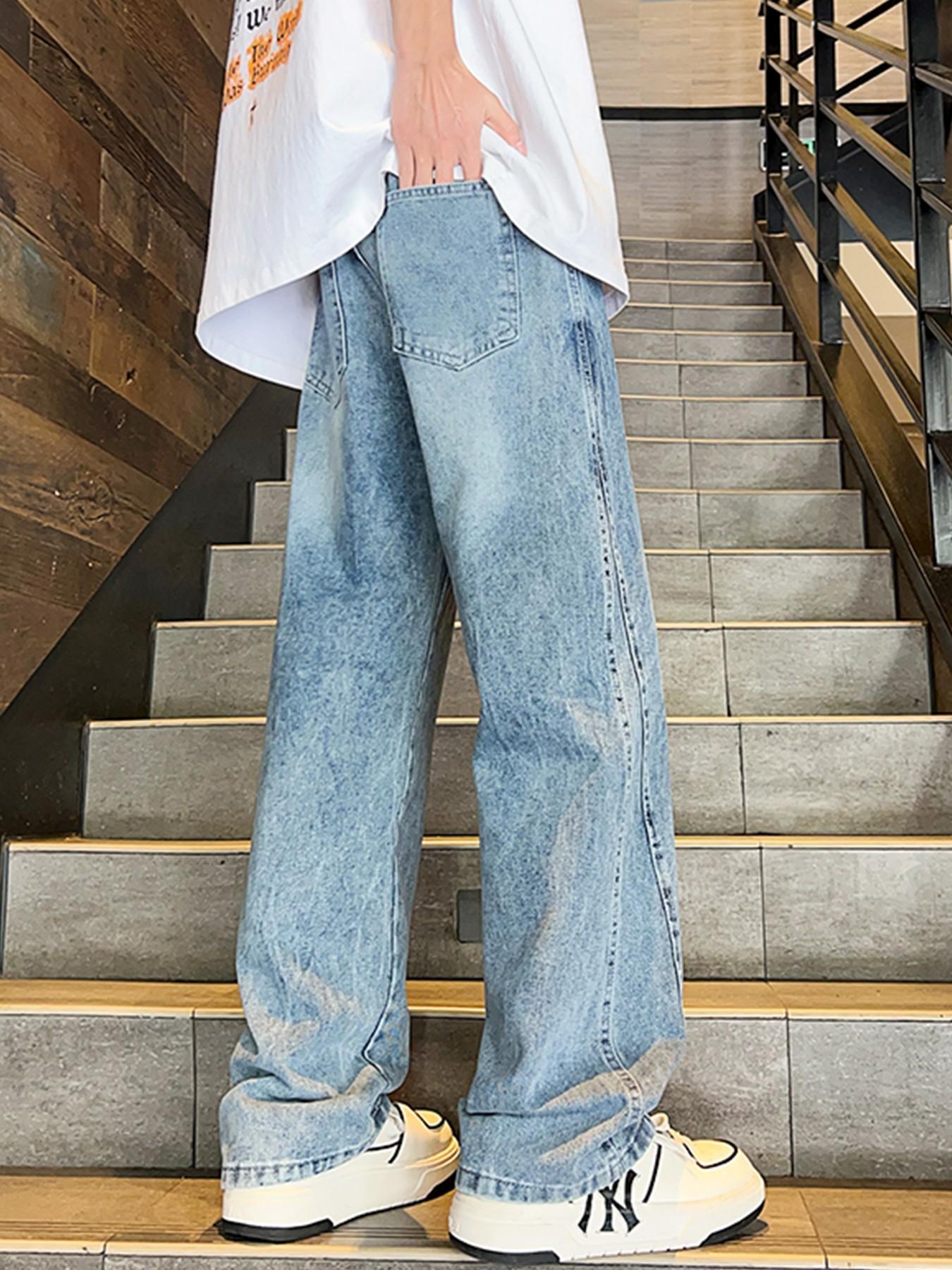 Men’s Light Blue Washed Jacquard Jeans with Drawstring Waist and Vertical Panel Seams, Baggy Wide Leg Y2K Streetwear Denim Pants