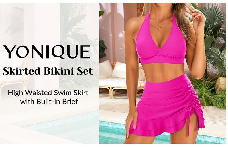 Yonique Womens High Waisted Bikini with Skirt Two Piece Swimsuit with Tummy Control Halter Bathing Suit V Neck Bikini Top with Built-in Bottom Bikini Skirt Full Coverage Bikini