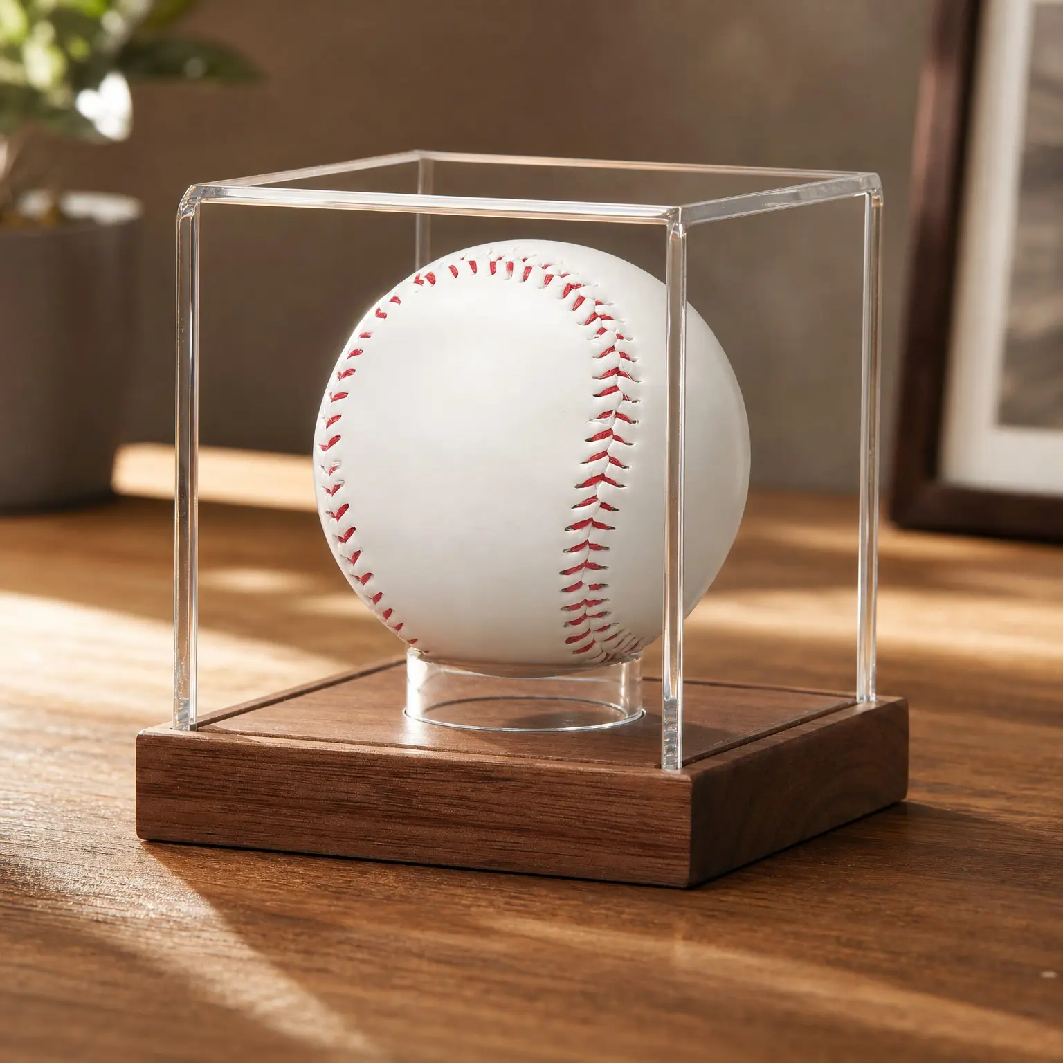 Clear Cube Baseball Display Case with Acacia Wood Base - Autograph Stand Box for Single Ball, Brown, 1 Pack