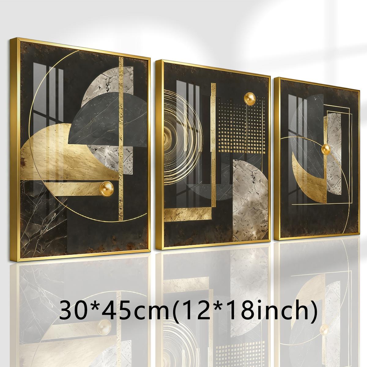 3 Counts Aluminum Alloy Framed Painting, Abstract Geometric Gold And Black Art Pictures, Home Decoration For Living Room, Bedroom, Office, Restaurant, Hallway Wall Decor, Odorless Print Artwork, Luxury Perfect Gift For Friends And Family