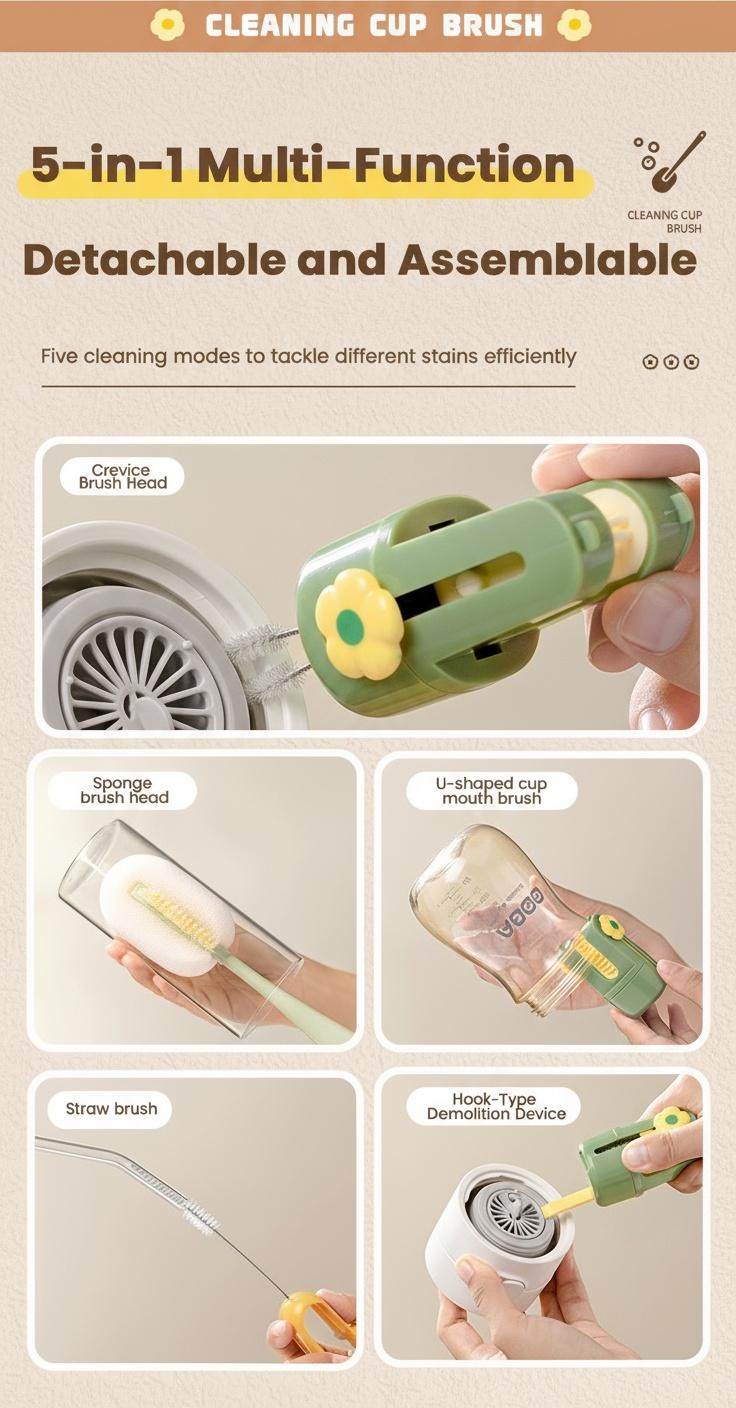 Multifunctional 5-in-1 Bottle Brush – Great for Cleaning Cup Lids & Home Kitchen Chores