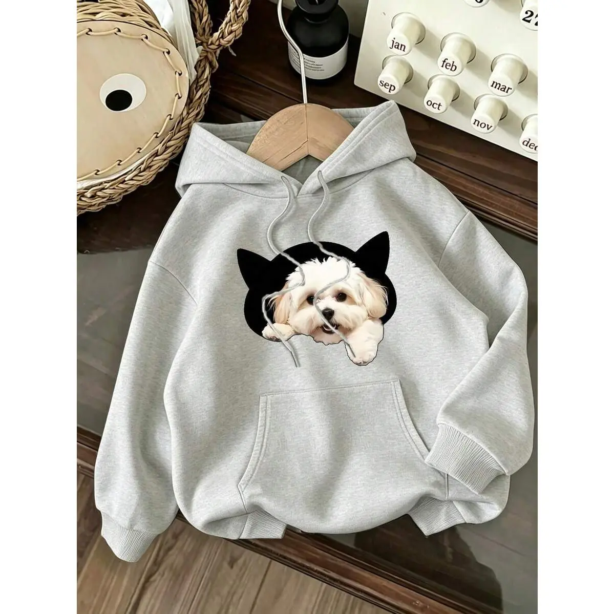 Women Oversized Fleece Pullover Hoodie With Kangaroo Pocket Cute Dog Face Print Design Fall Clothes For Women & Winter Daily Wear