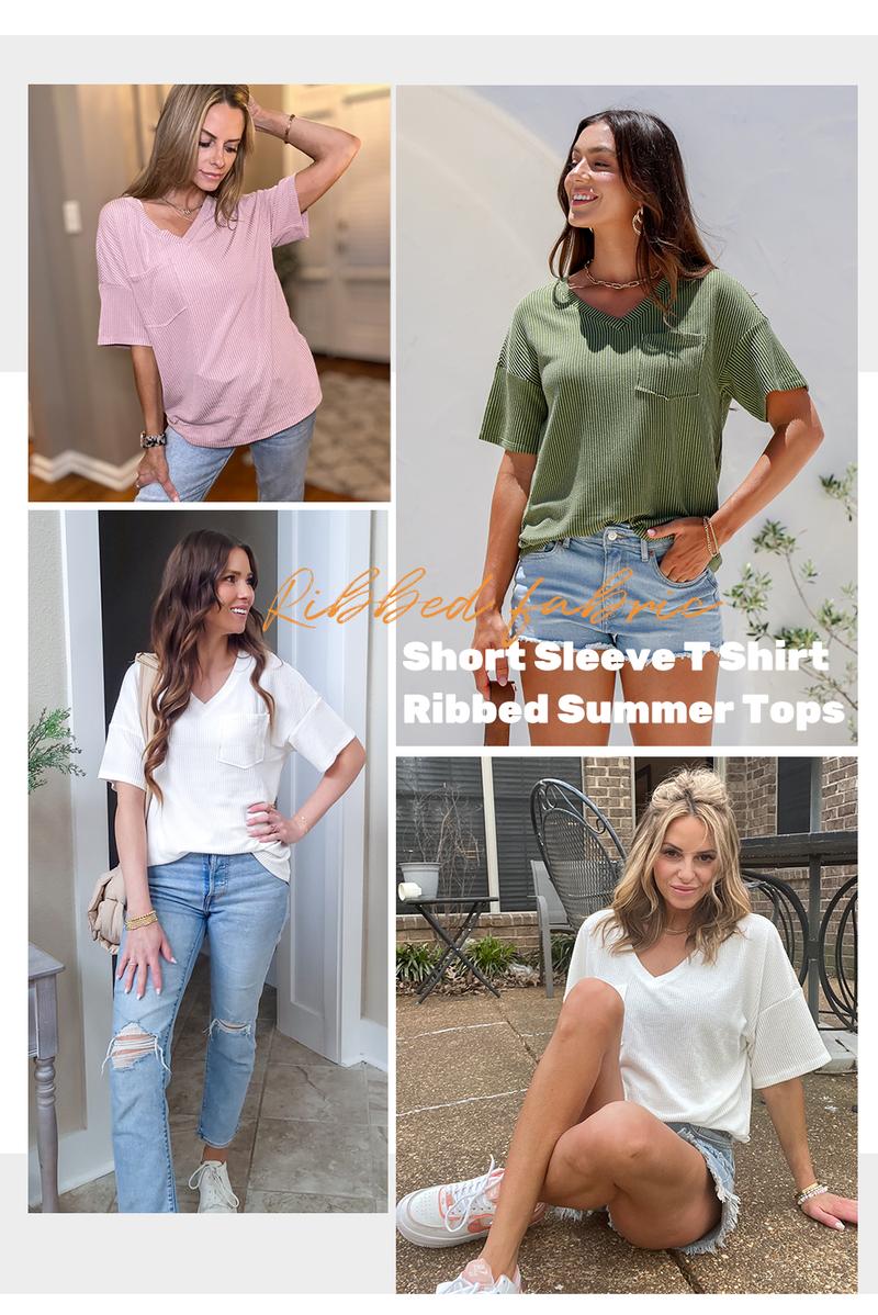 EVALESS Women's Oversized Summer T Shirts Tops V Neck Short Sleeve Ribbed Knitted Casual Loose Fit Blouses with Pocket 2026 Womenswear Springtok Outfits