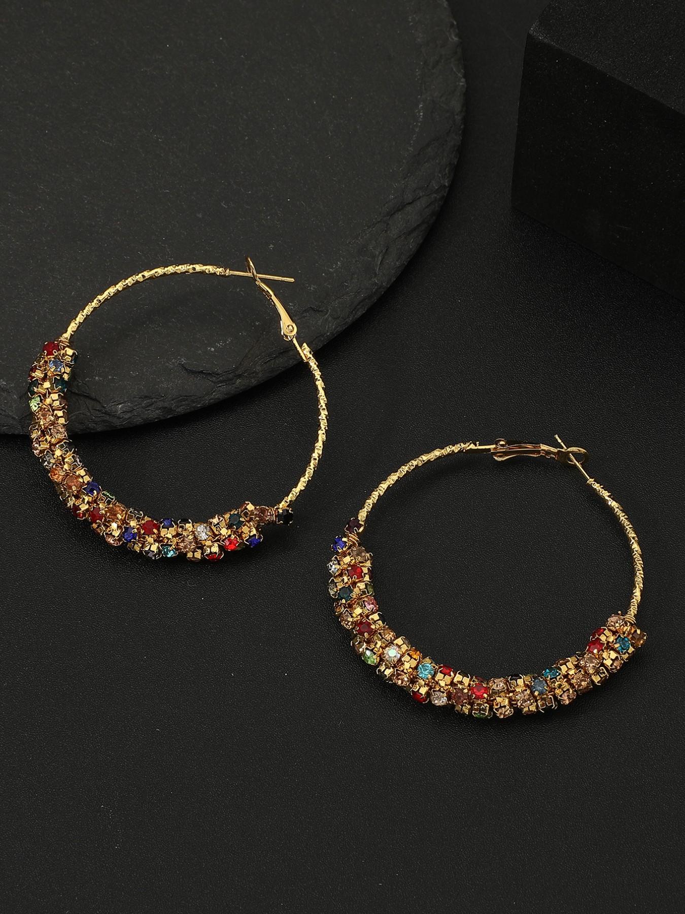 Handmade Colorful Rhinestone Hoop Earrings, Retro Unique Design, Striped Pattern, Titanium Alloy, All Seasons Accessories