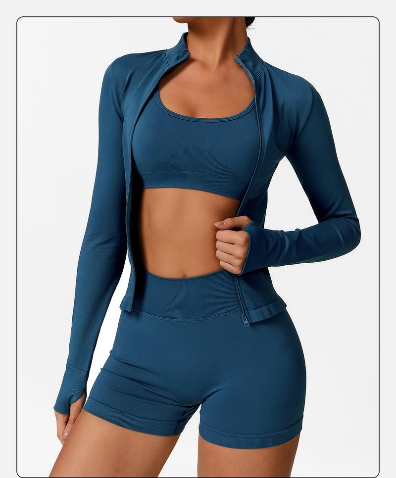 MFVIM 3-Piece Women's Sportswear Set - Solid Color Cross Short Top High-Waisted Leggings Zip Jacket Ultra-Comfortable Yoga Outfit For Fitness Running Gym Sessions Training Clothes Stretchable Activewear