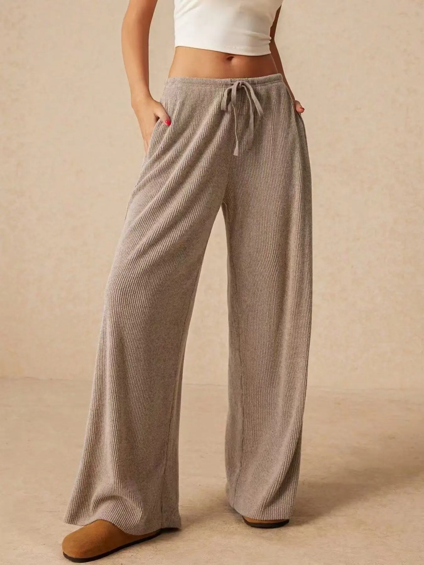 2026 Fall Women Ribbed Knit Wide Leg Pants, Drawstring Elastic Adjustable High Waist, Loose Casual Lounge Trousers with Pockets, Comfortable and Stylish