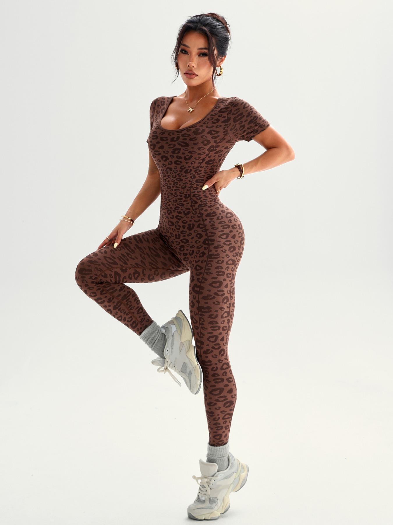 Women's Seamless High Stretch Leopard Print Backless Short Sleeve Long Pants Jumpsuit Butt Lifting Tight Yoga Sports Gym Jumpsuit Sportswear Jumpsuits