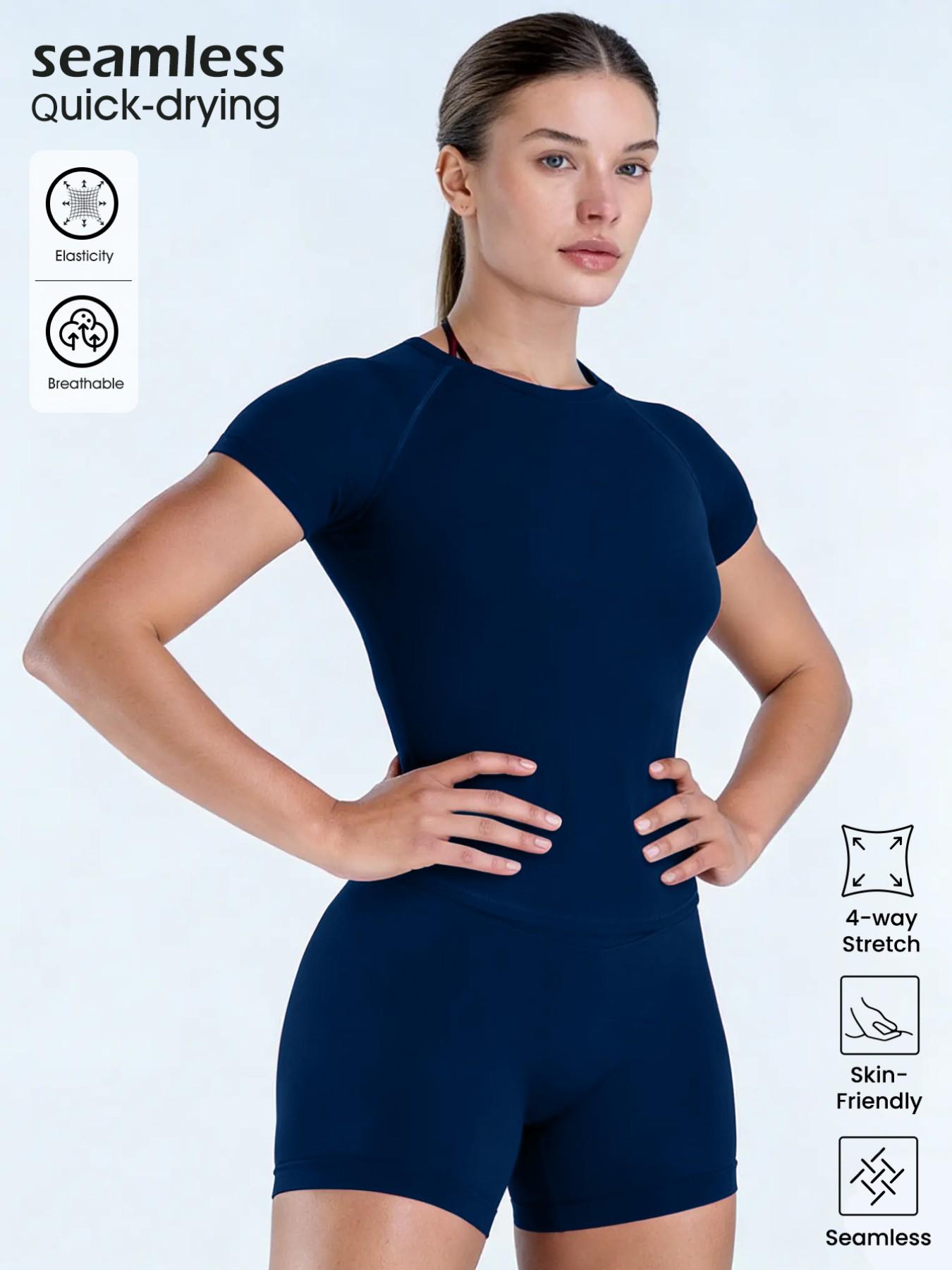 Women's New Nylon High Stretch Moisture Wicking Seamless Short Sleeve Fitness T-Shirt, Butt Coverage Long Sleeves