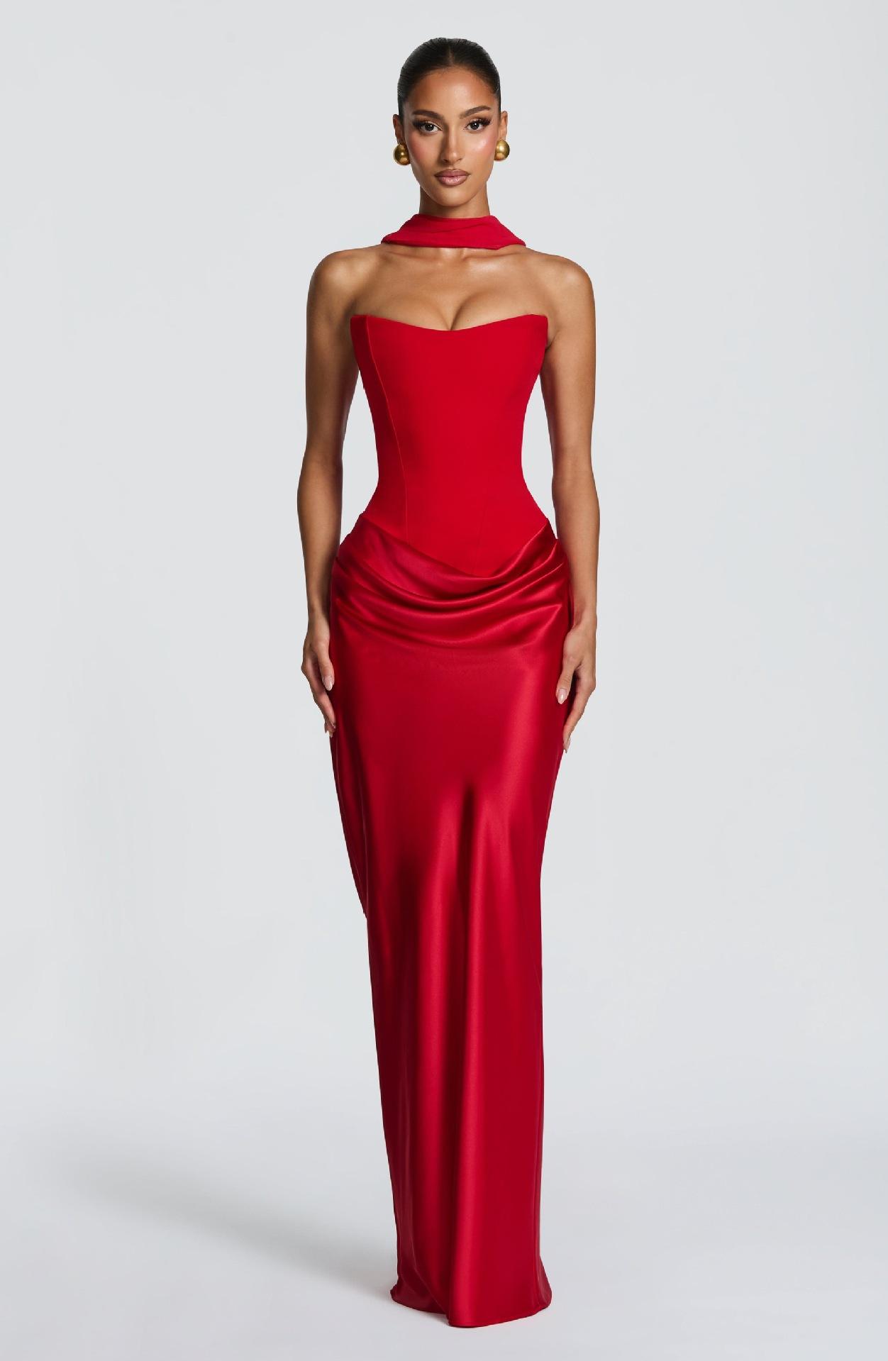 2026 European and American new style solid color waist-cinching sexy strapless bodycon long dress satin tie-back dress with ribbons