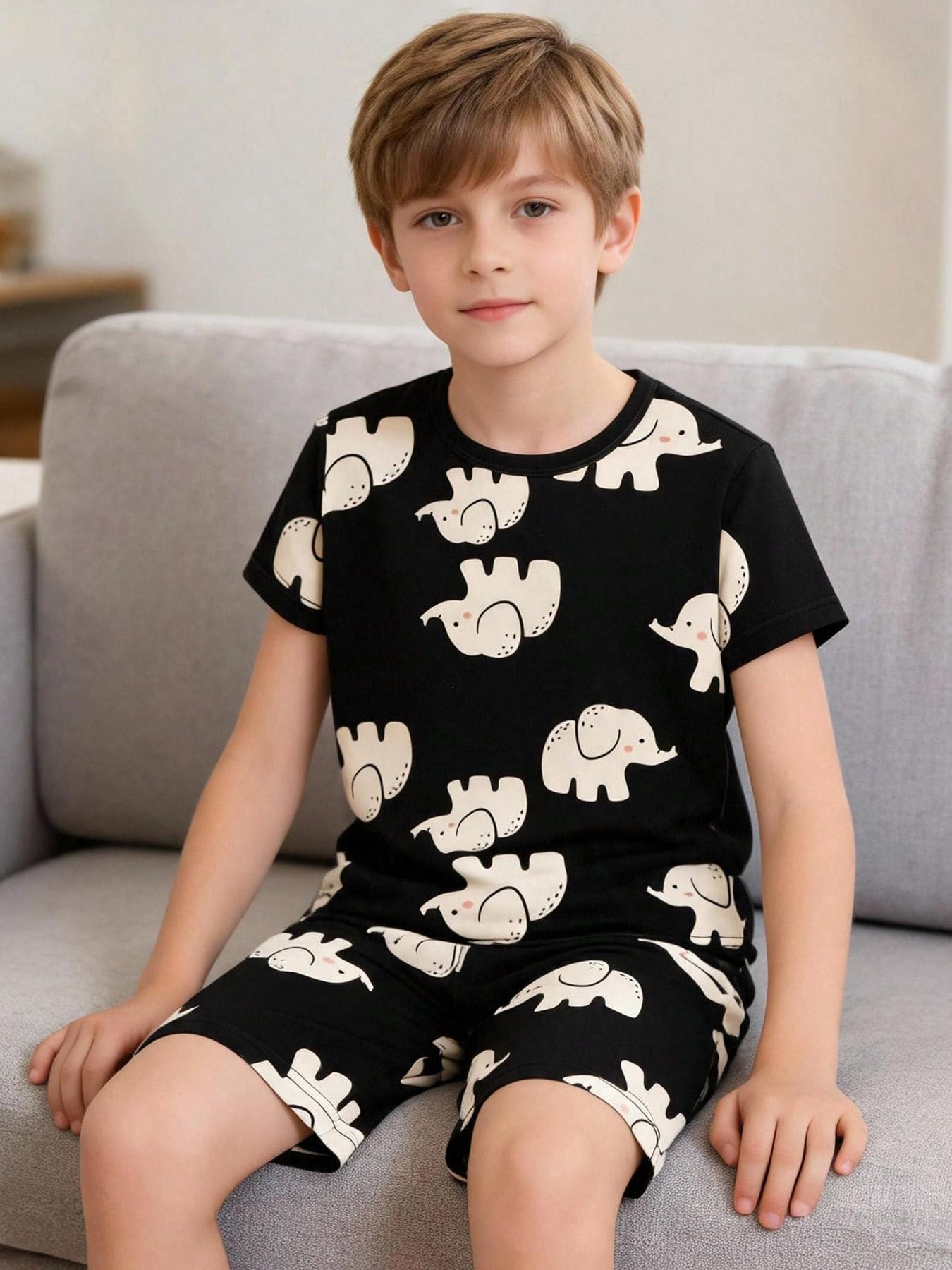 Boys' 2-Piece Home Wear Set, Short Sleeve Elephant Print Pajamas, Lightweight Casual for Spring & Fall, Ideal for Daily Wear & Outdoor Activities