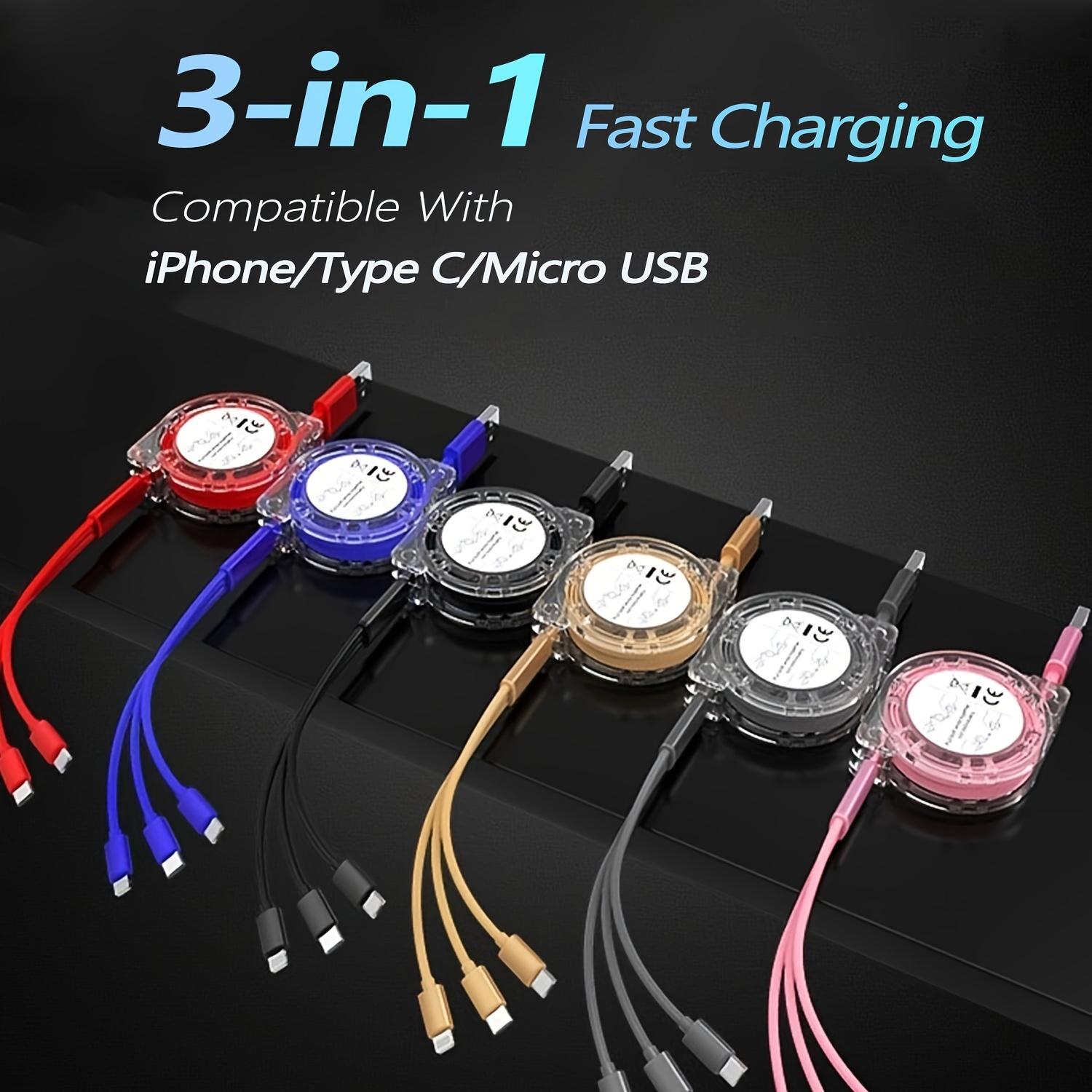 Expandable Multi-Function Fast Charging Cable, Three-In-One Charger with Lightning/micro/Type-C Ports, Compatible with iPhone/iPad/samsung/ps/tablet