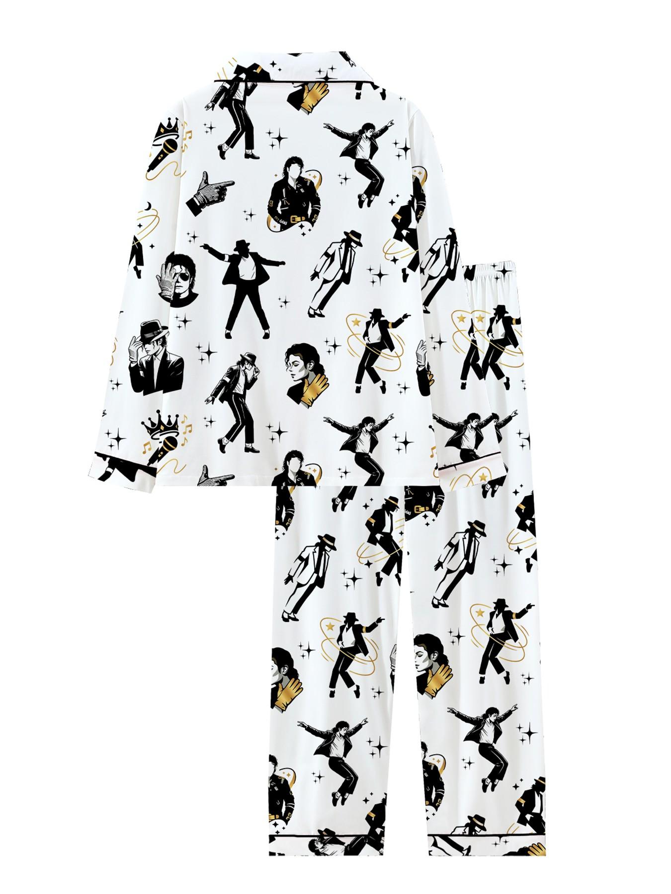 Women's Cute Retro Music Star Pajamas Set, Comfortable 2-Piece Long Sleeve Sleepwear, High-Style Party Pajamas, Fun Women's Cute Retro Music Star Pajamas Set, Comfortable 2-Piece Long Sleeve Sleepwear, High-Style Party Pajamas, Fun