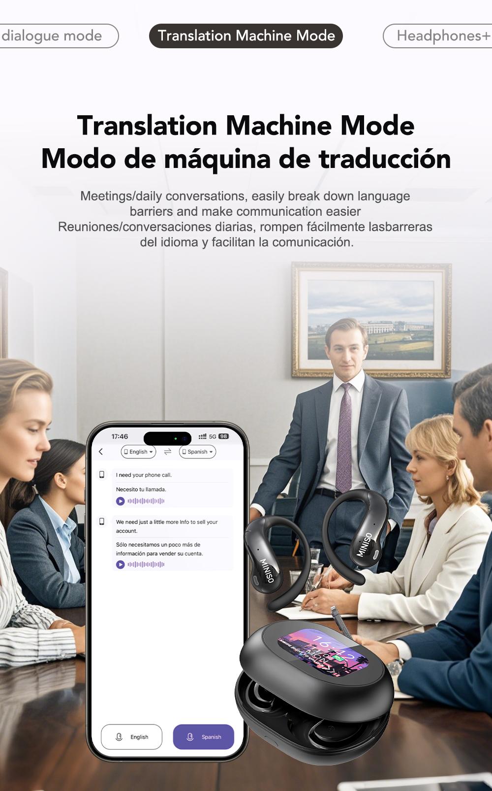 MINISO MS188 AI Earphones Wireless 134 Languages AI Translation Bluetooth Smart Earbuds with LCD Screen Charging Case APP Chargeable Black