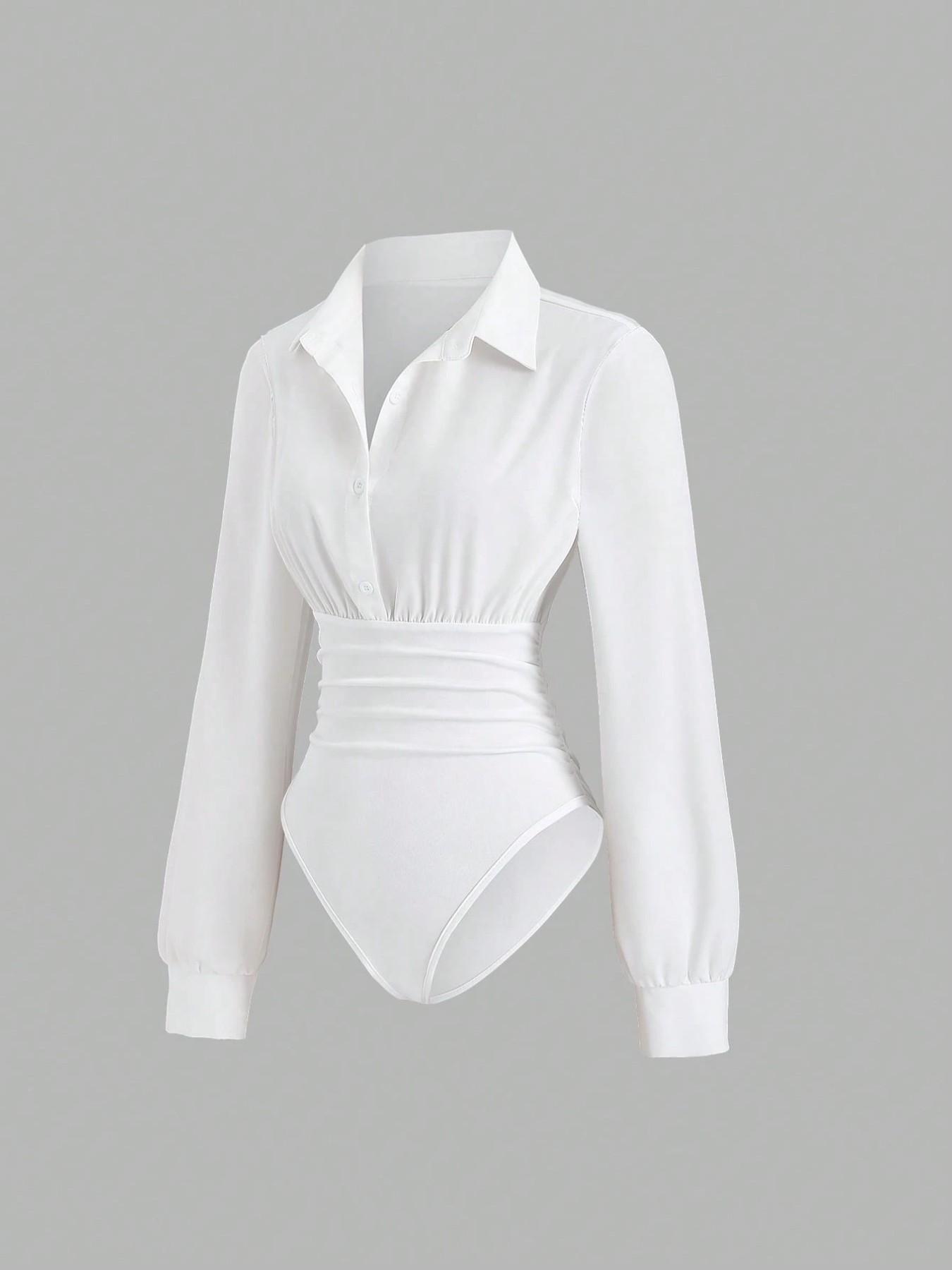 Women's solid color slim-fit V-neck long-sleeved shirt jumpsuit, elegant woven fabric, slim fit, suitable for all seasons, and can be layered flexibly Bodysuits