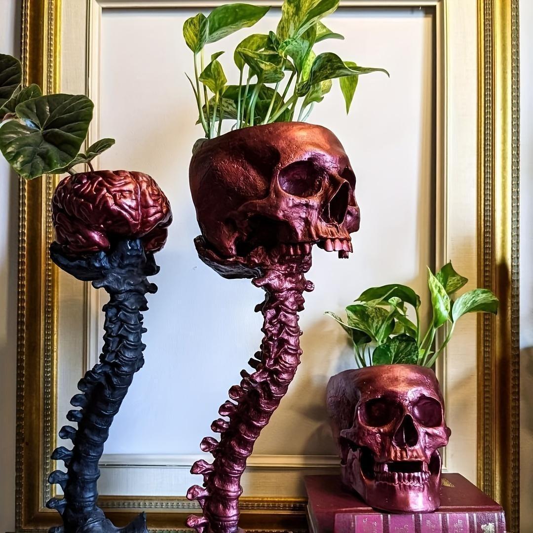 Gothic Spine Skull Planter, Halloween Garden Decor, Resin Craft Ornament, Handmade Gothic Flower Pot, Unique Outdoor Decoration