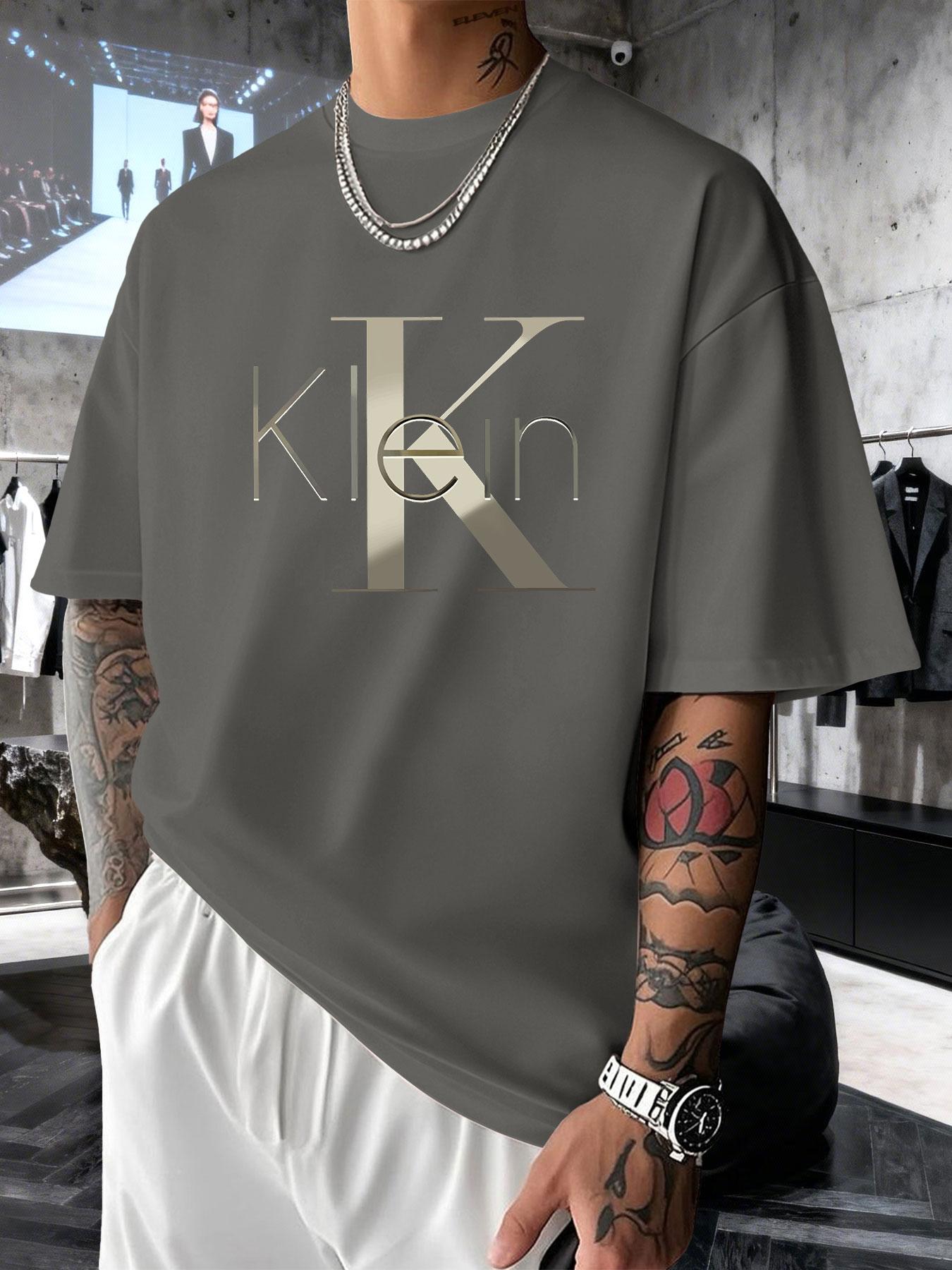 Men's Short Sleeve T-Shirt Summer Gold Embossed Klein Letter Print, Casual Loose-Fitting Long Top, All Seasons Business Fashion