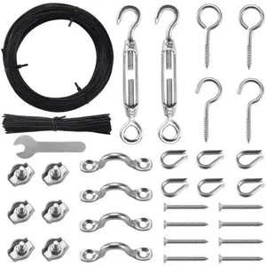 Outdoor Lights Hanging Kit,Globe String Light Suspension Kit,100FT Black Vinyl-Coated 304 Stainless Steel Guide Wire Cable,Include Wire Rope Tension Turnbuckle and Eye Hooks