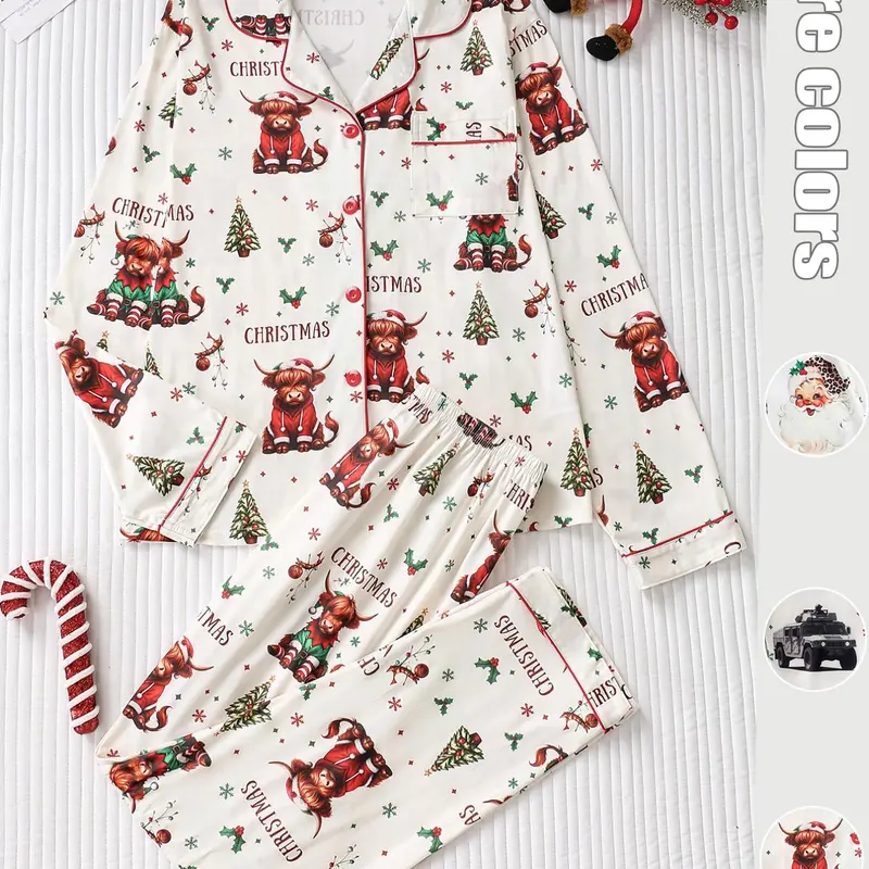 Two-Piece Women's Christmas Themed Cartoon Pajama Set, Button-Front Long Sleeve Top & Loose Pants, Cozy Comfortable Fabric, Women's Sleepwear, Cute Christmas Pajamas