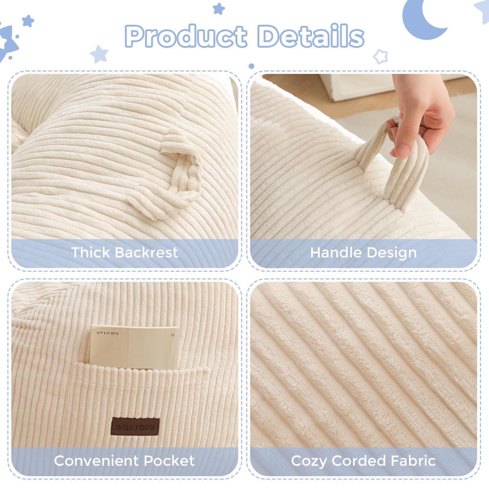 [Cute Size] MAXYOYO Corduroy Bean Bag Chair with Handle & Pocket, Foam Filled Lounger for Living Room, Gaming & Dorms