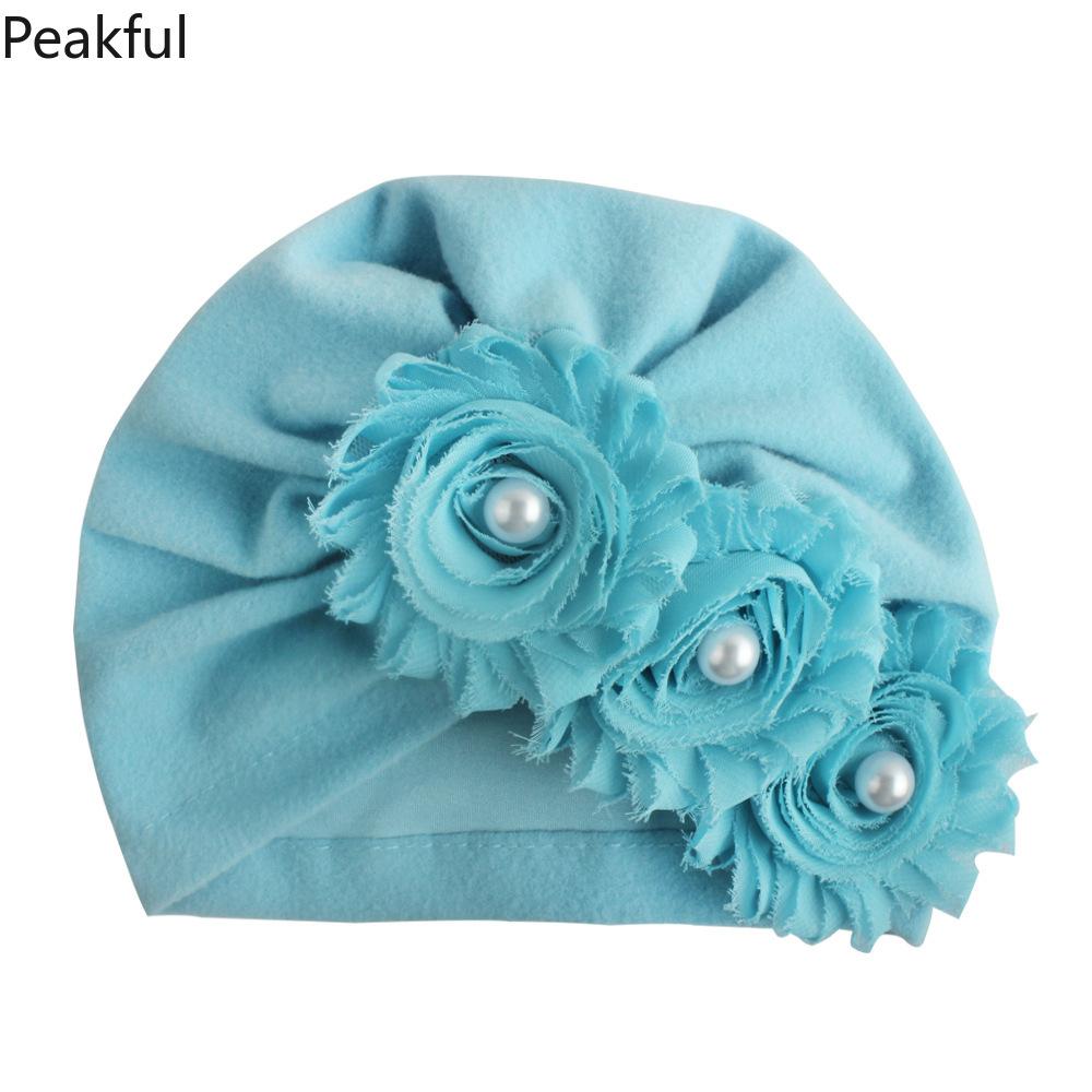 Kids Floral Pearl Decor Turban Hat, Popular Soft Cotton Baby Headwear, Elegant Toddler Headwrap, comfortable elastic design & charming flower details, great for casual outings, birthday parties and newborn photography