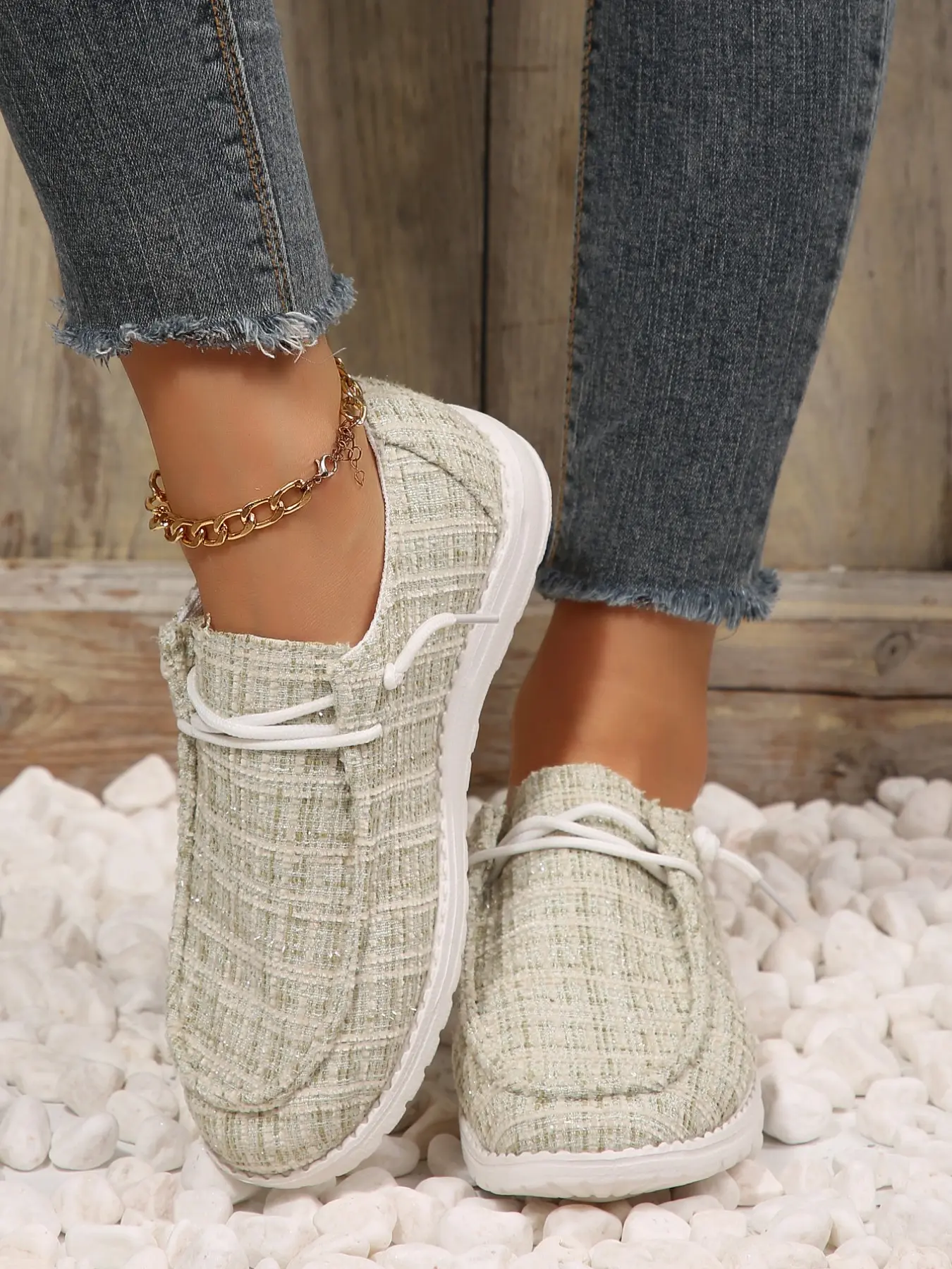 Women's Charming Plaid Slip-On Boat Shoes, Lightweight Canvas Loafers, Adjustable Laces, Non-Slip Soft Sole, Casual Outdoor Footwear