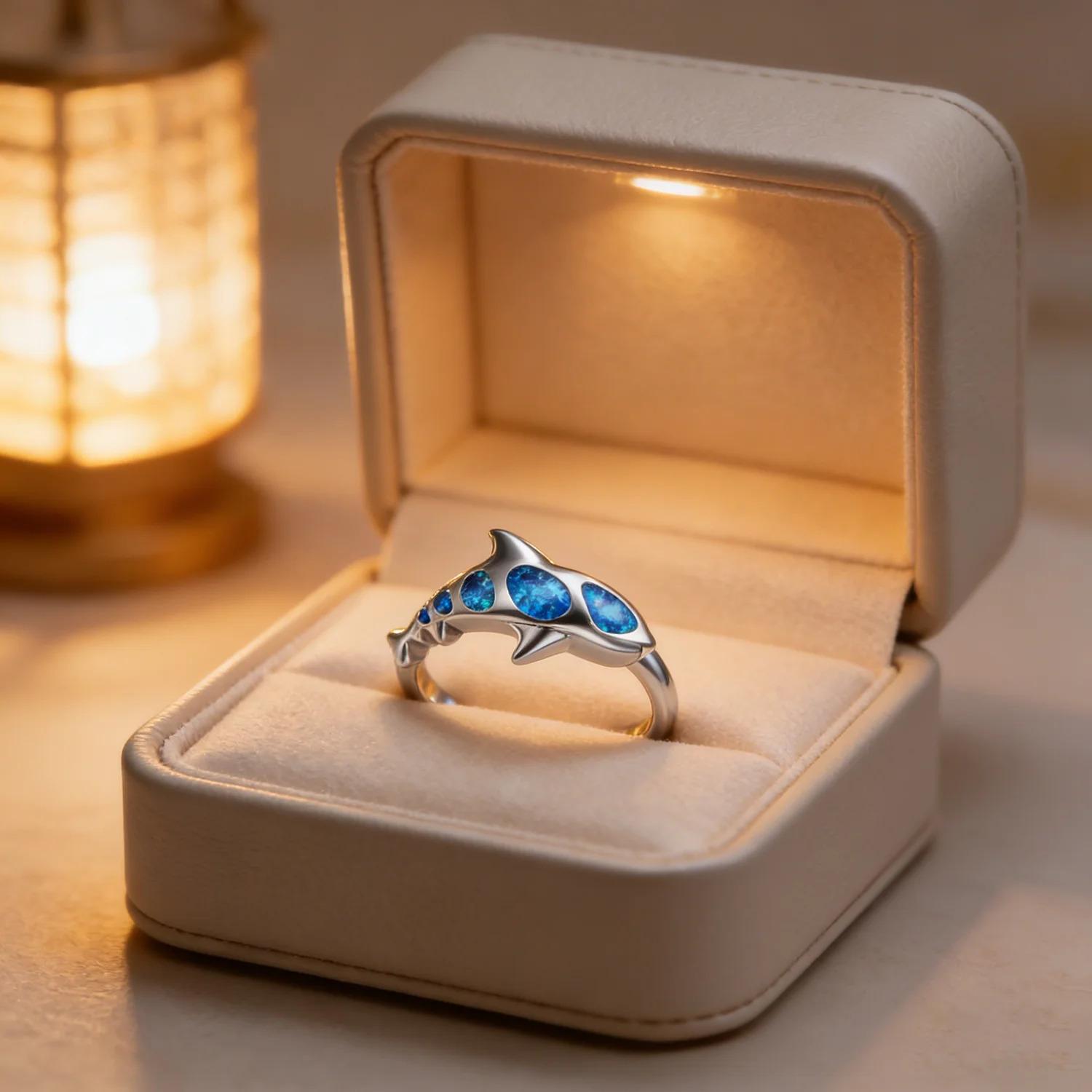 Ocean Theme Cute Shark Synthetic Blue Fire Opal Ring for Women Unique Engagement Finger Ring Gift for Lovers Jewelry Aniversary