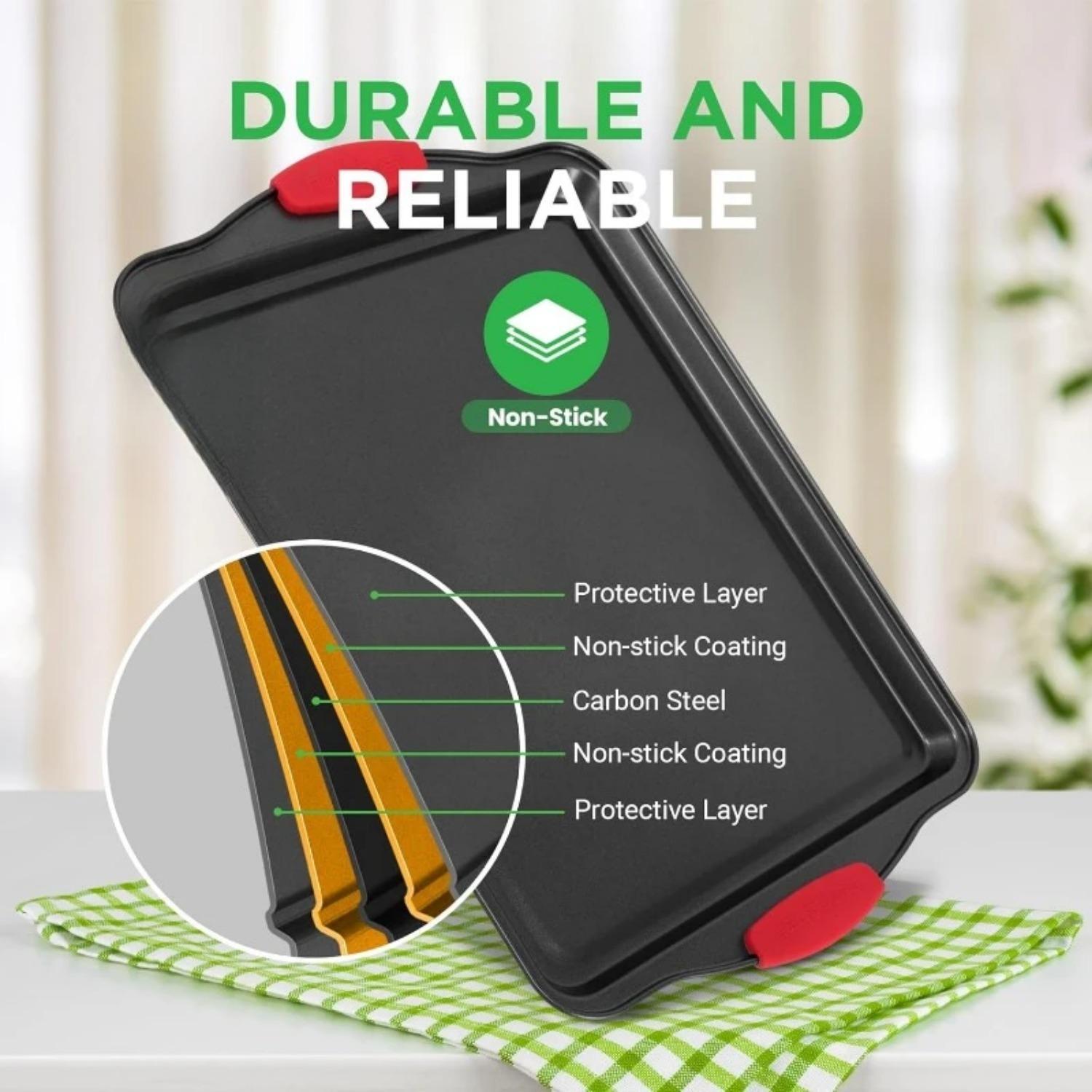 Non-stick Kitchen Oven Baking Pan, 3 Counts/set Rectangular Baking Cake Pan with Handle, Commercial Grade Restaurant Quality Baking Tray, Black