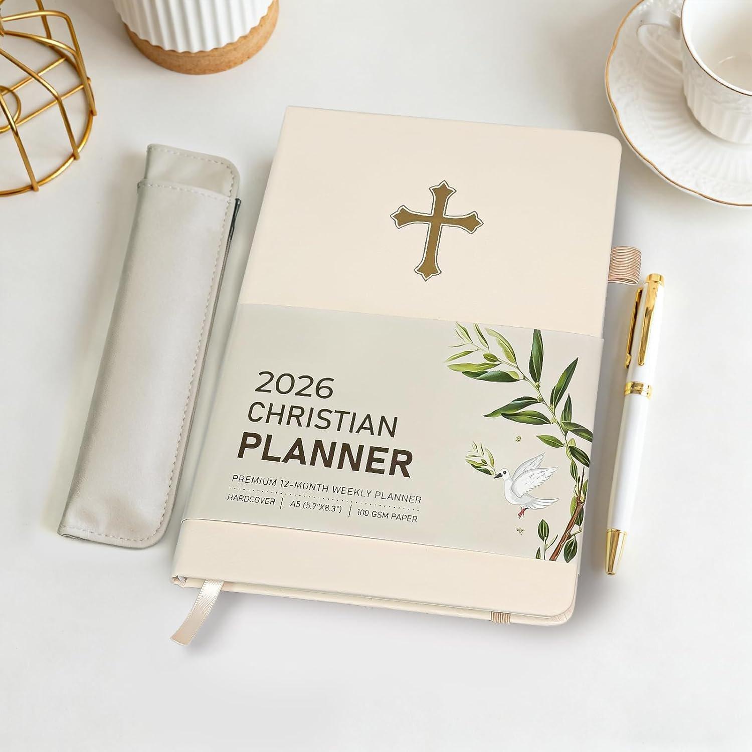 2026 Christian Planner in Beige - Elegant 12-Month  Journal and Prayer Notebook, Scripture-Based Weekly Planner, Christian Gifts for Women, Minimalist Hardcover
