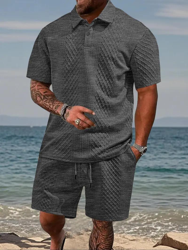 KZZ Men's Solid Polo Shirt & Drawstring Waist Shorts Set Cozy Breathable Two-piece Outfits for Daily Outdoor Wear Menswear Suits Casual Clothes,father'sdaygifts