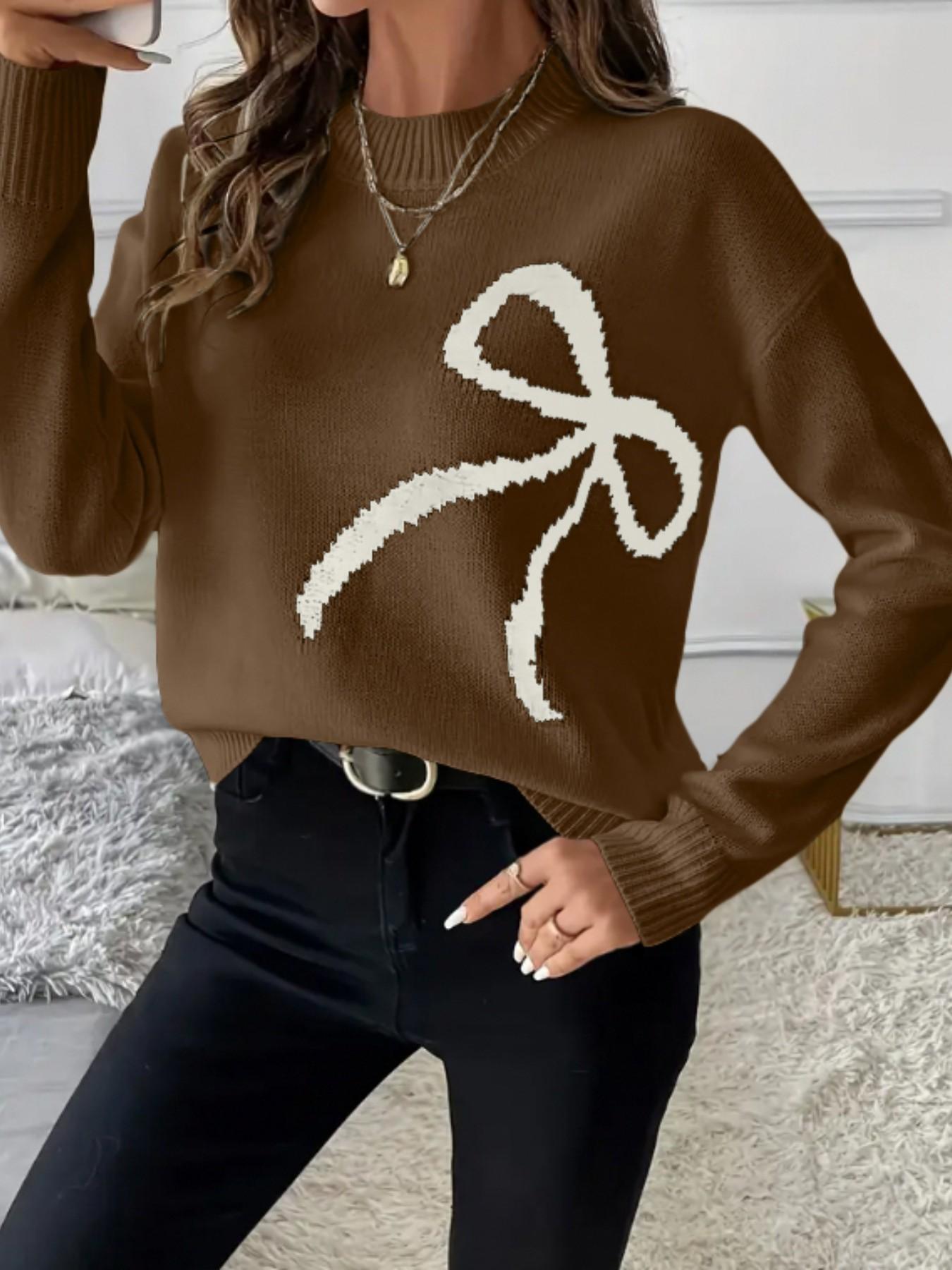 Women Bow Pattern Crew Neck Knit Sweater, Long Sleeve Loose Drop Shoulder Cropped Pullover, Coquette Aesthetic Fall Casual Tops