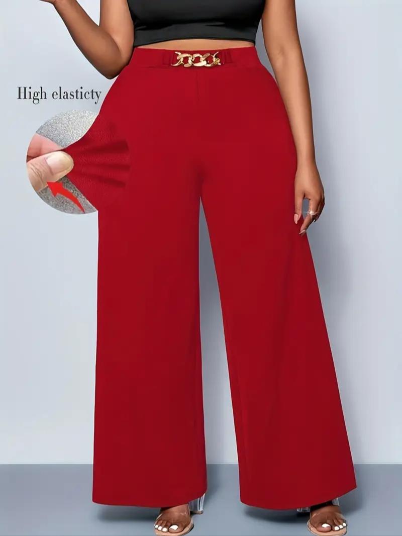Women's Plus Size Wide Leg Pants, Fall Winter New Arrival, Belt Detail, Metal Chain Design, Casual Commuter Wear