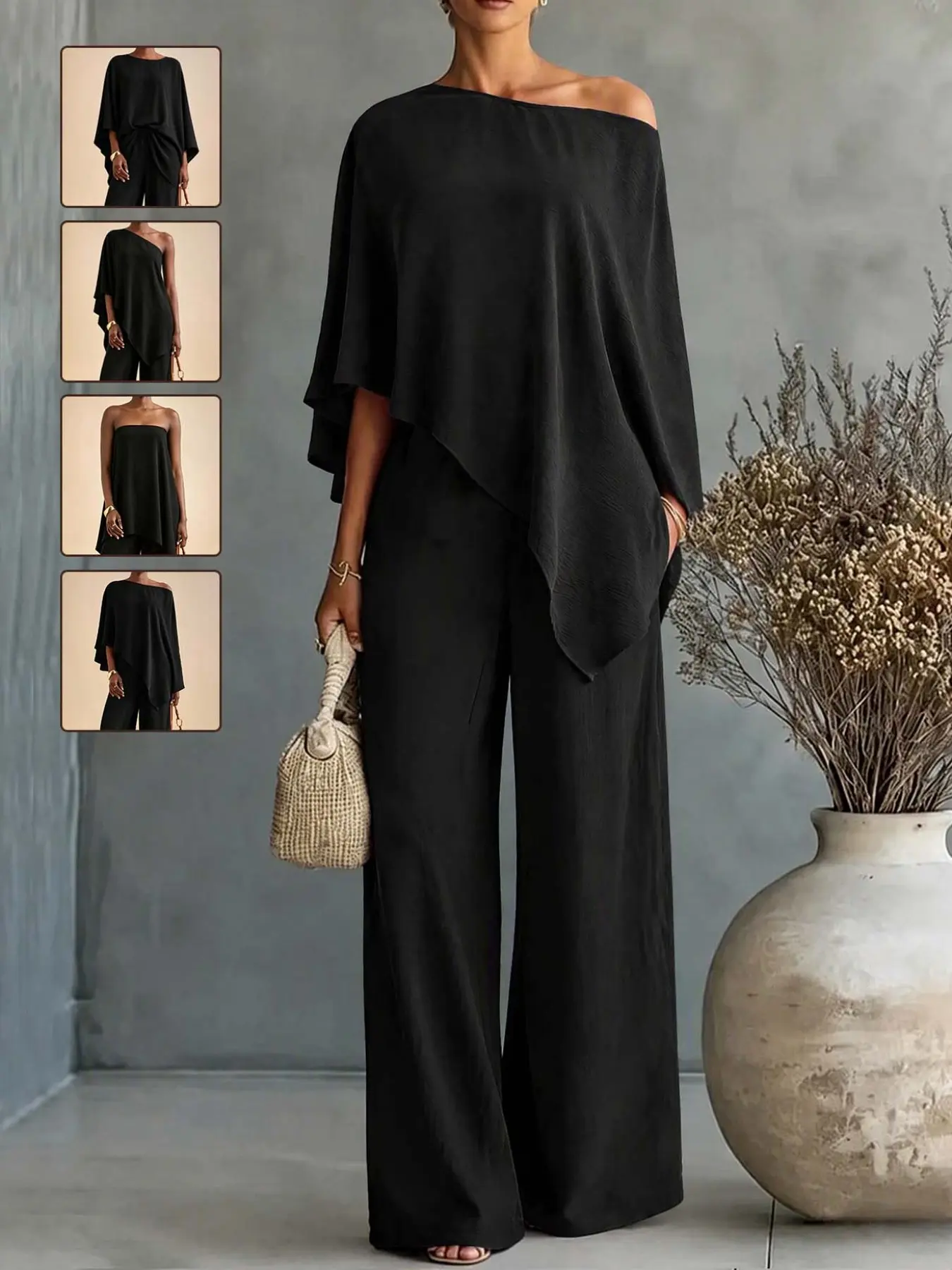 Women's Elegant Plain Ice Silk Crinkle Two-Piece Set, Fall Vacation Asymmetrical Cape Loose Top with High-Waisted Wide-Leg Pants, Versatile Luxury Casual